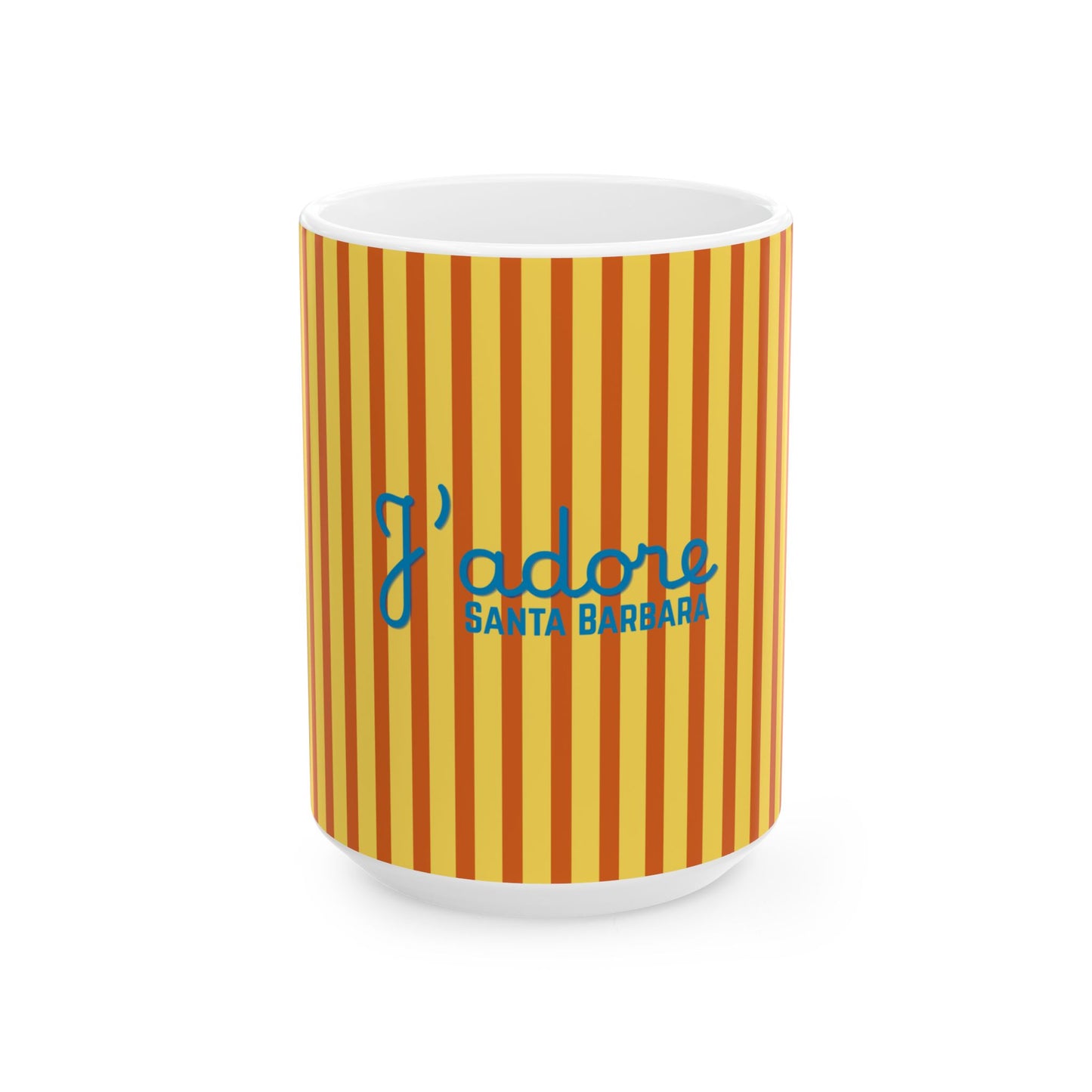 A white ceramic mug with a yellow and orange vertical striped pattern, featuring the blue text 'I adore SANTA BARBARA' on the front, set against a plain white background.