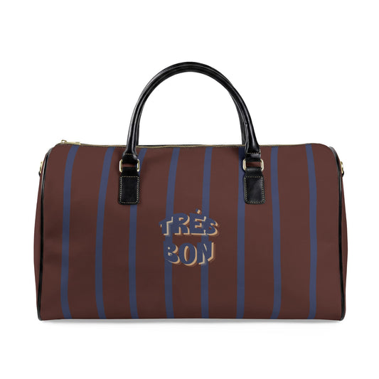 Brown duffel bag with blue stripes and 'Trés Bon' text on a white background