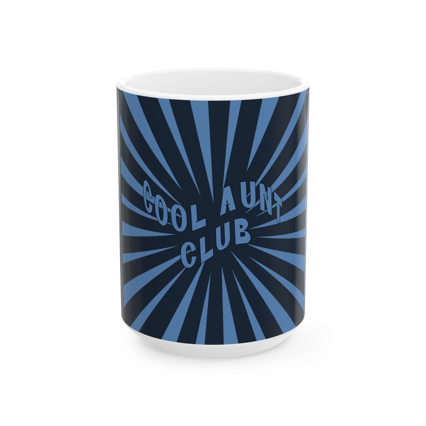 Mug with 'Cool Aunt Club' text on a blue and black sunburst pattern
