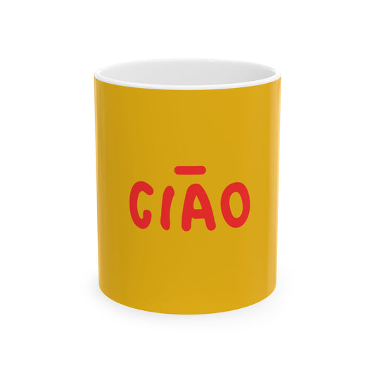 Yellow mug with red 'CIAÓ' text on a white background