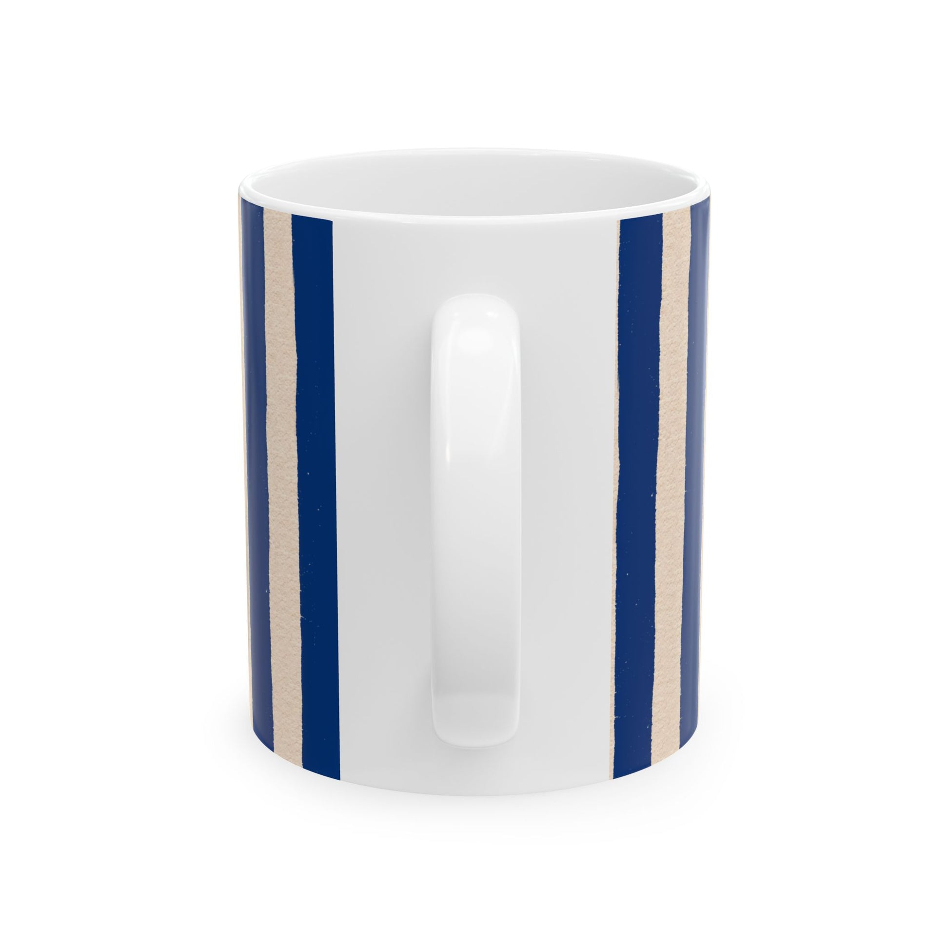 White mug with blue stripes on a white background
