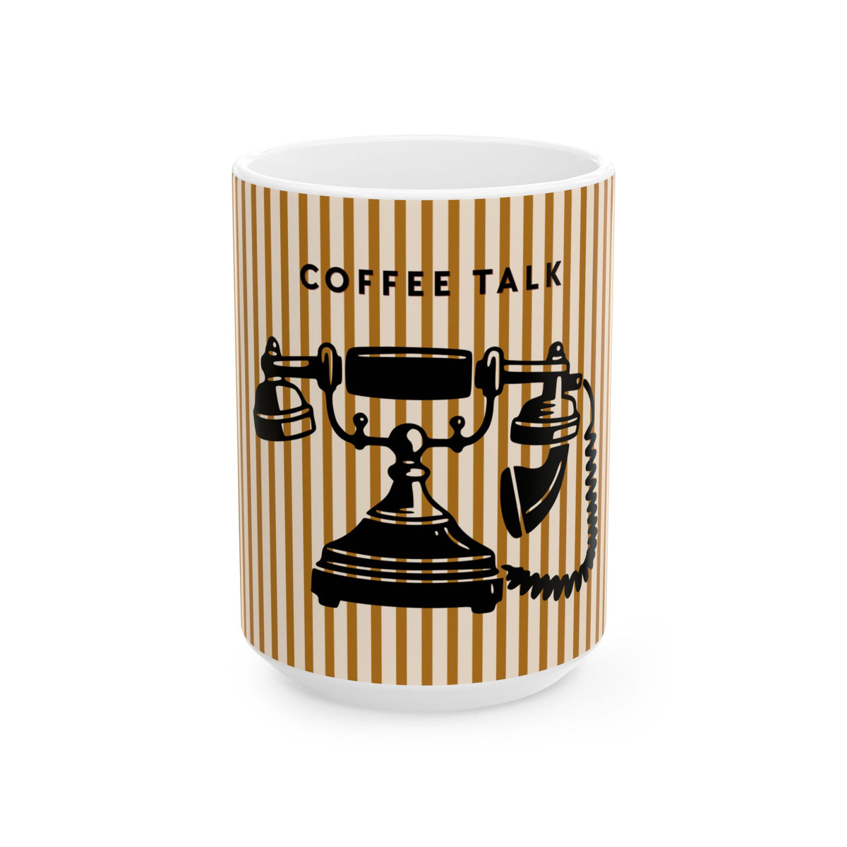 A white ceramic coffee mug featuring a retro design with vertical tan and brown stripes, a black vintage telephone illustration, and the text 'COFFEE TALK' printed in black.