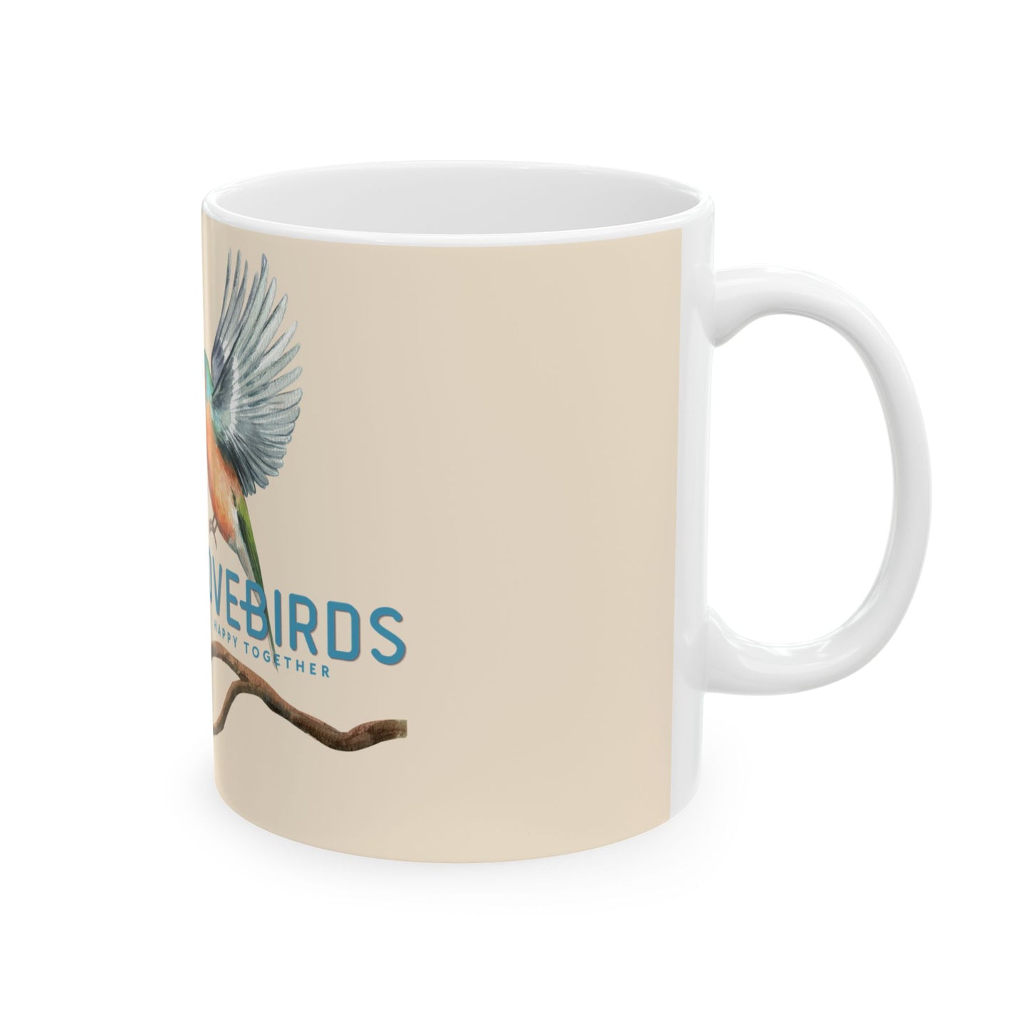 A white ceramic mug with a beige printed wrap design featuring a bluebird illustration and the text 'BLUEBIRDS TOGETHER' on a white background.