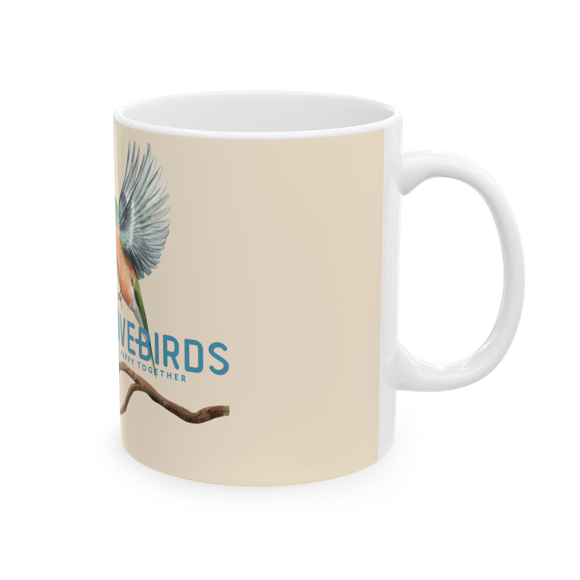 A white ceramic mug with a beige printed wrap design featuring a bluebird illustration and the text 'BLUEBIRDS TOGETHER' on a white background.