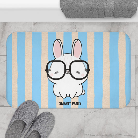 Doormat with a cartoon bunny wearing glasses and 'Smarty Pants' text on a striped background.