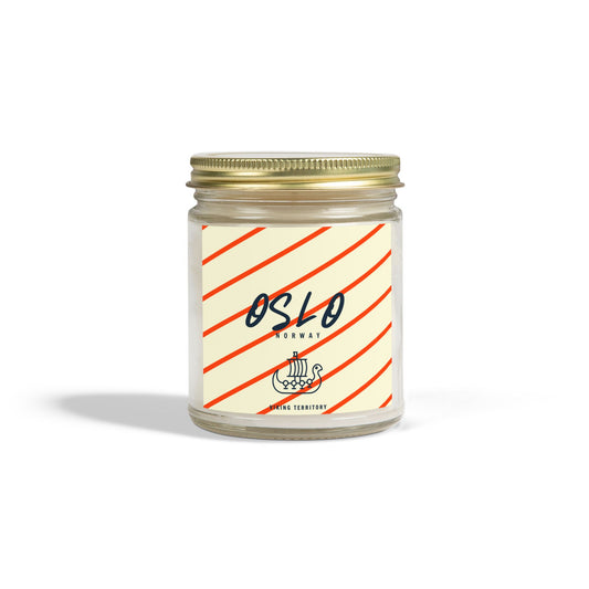 Candle jar with 'Oslo Norway' label on a white background