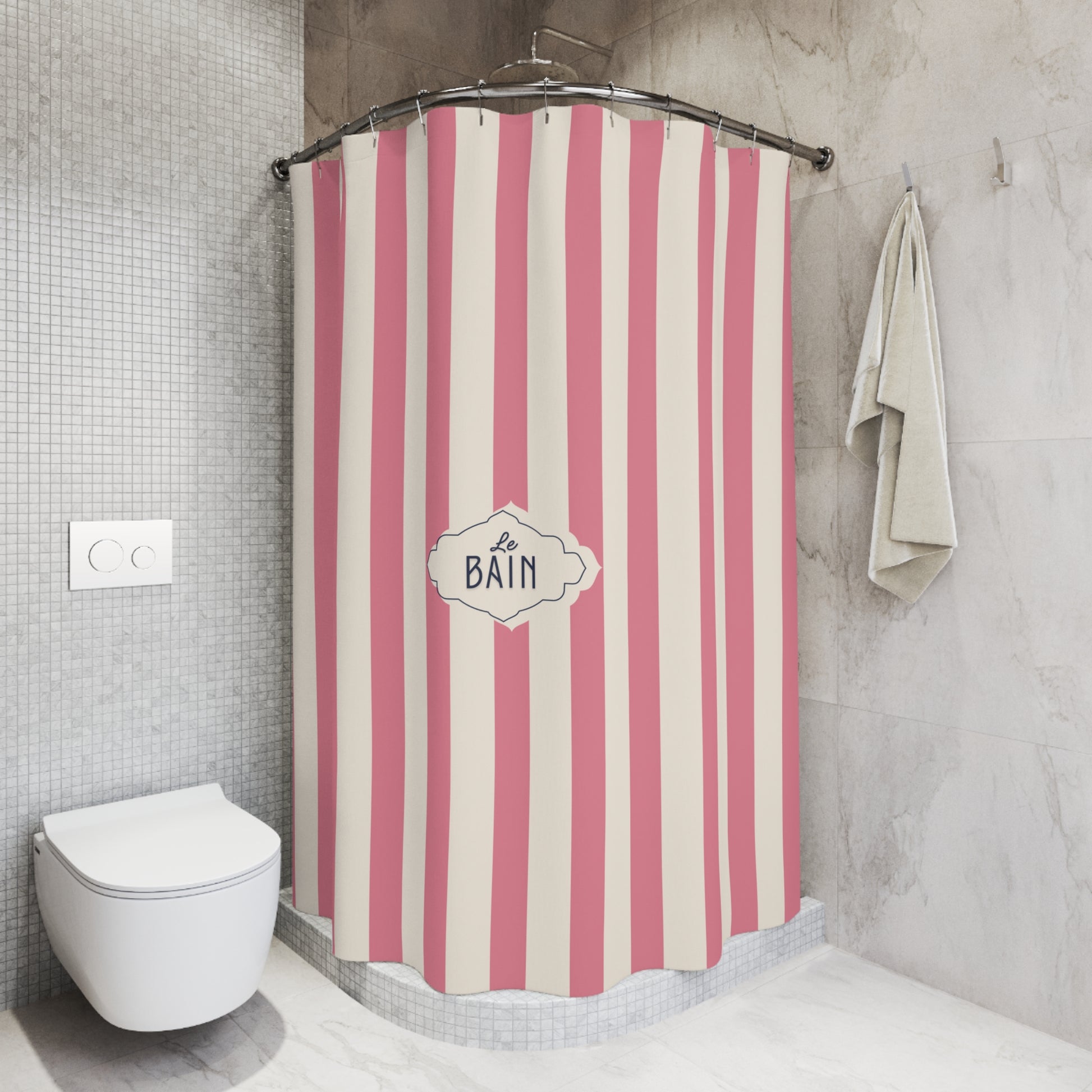 Pink Striped shower curtain with 'La Bain' logo in a bathroom setting
