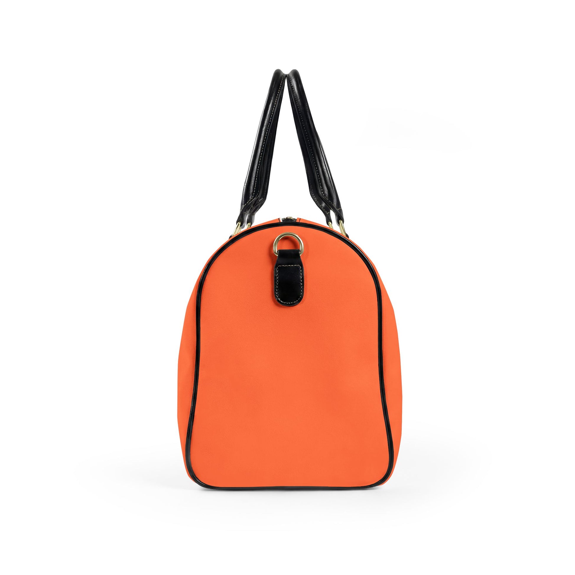 Coral handbag with black handles and trim on a white background