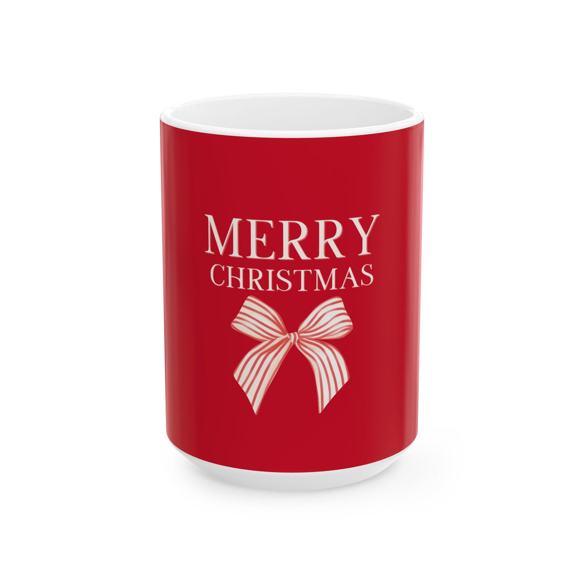 A red ceramic mug with a white interior and base, featuring the text 'MERRY CHRISTMAS' in white above a white striped bow graphic, shown on a clean white background.
