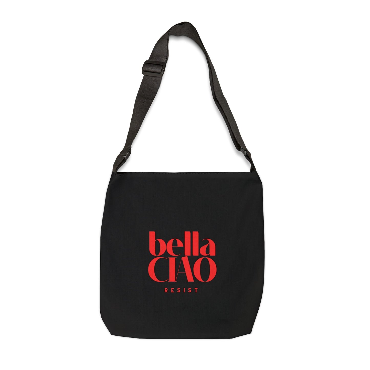 Black bag with red 'bella CHAO RESIST' text on a white background
