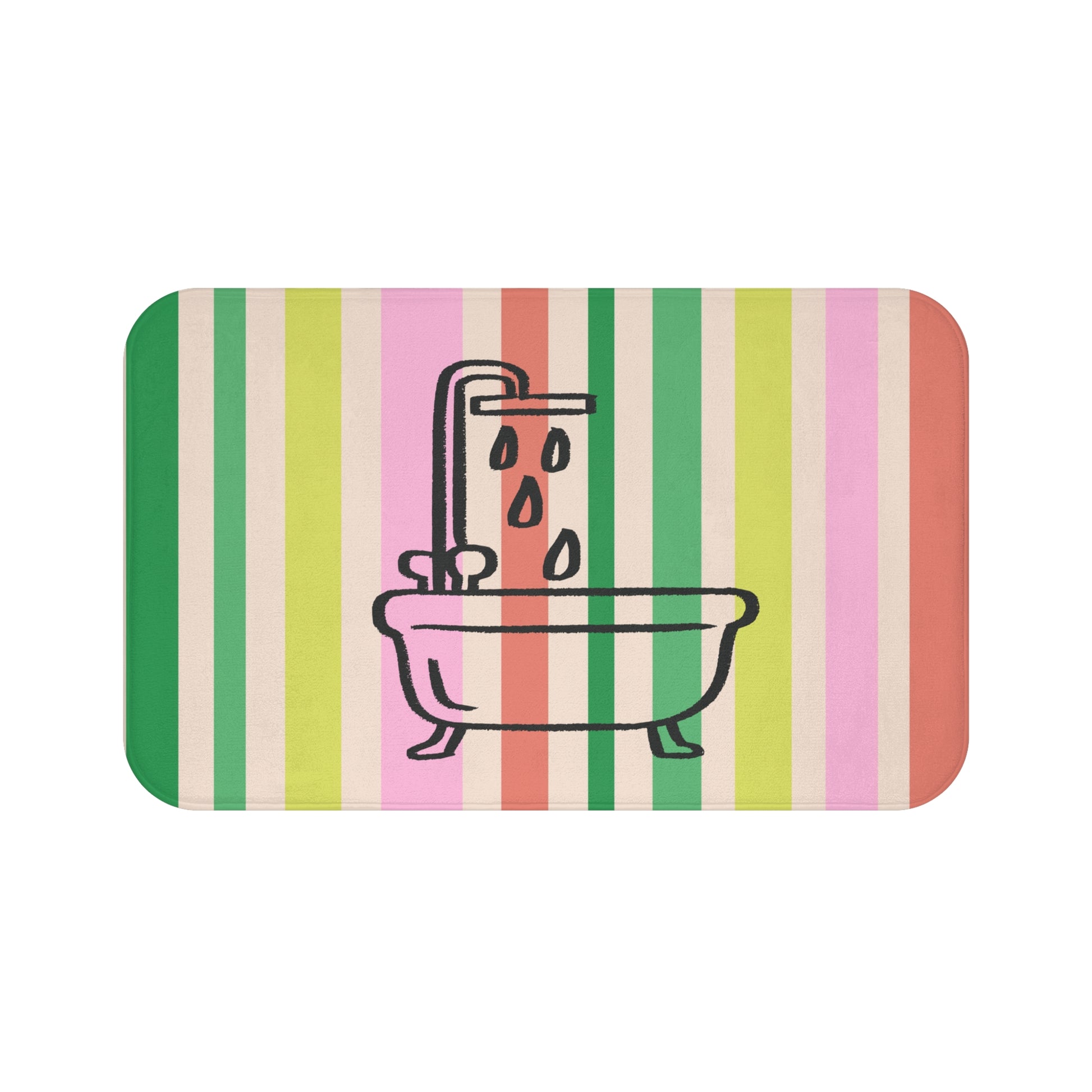 Striped bath mat with a bathtub and shower illustration on a white background