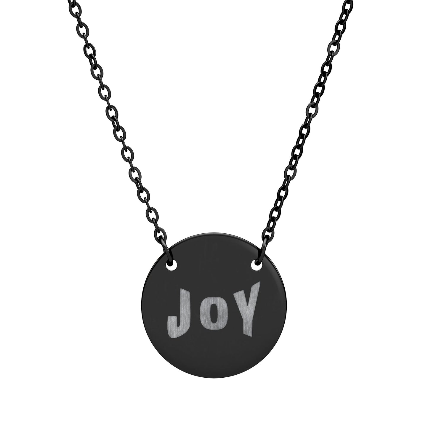 Necklace with a black pendant that says 'JOY' on a white background