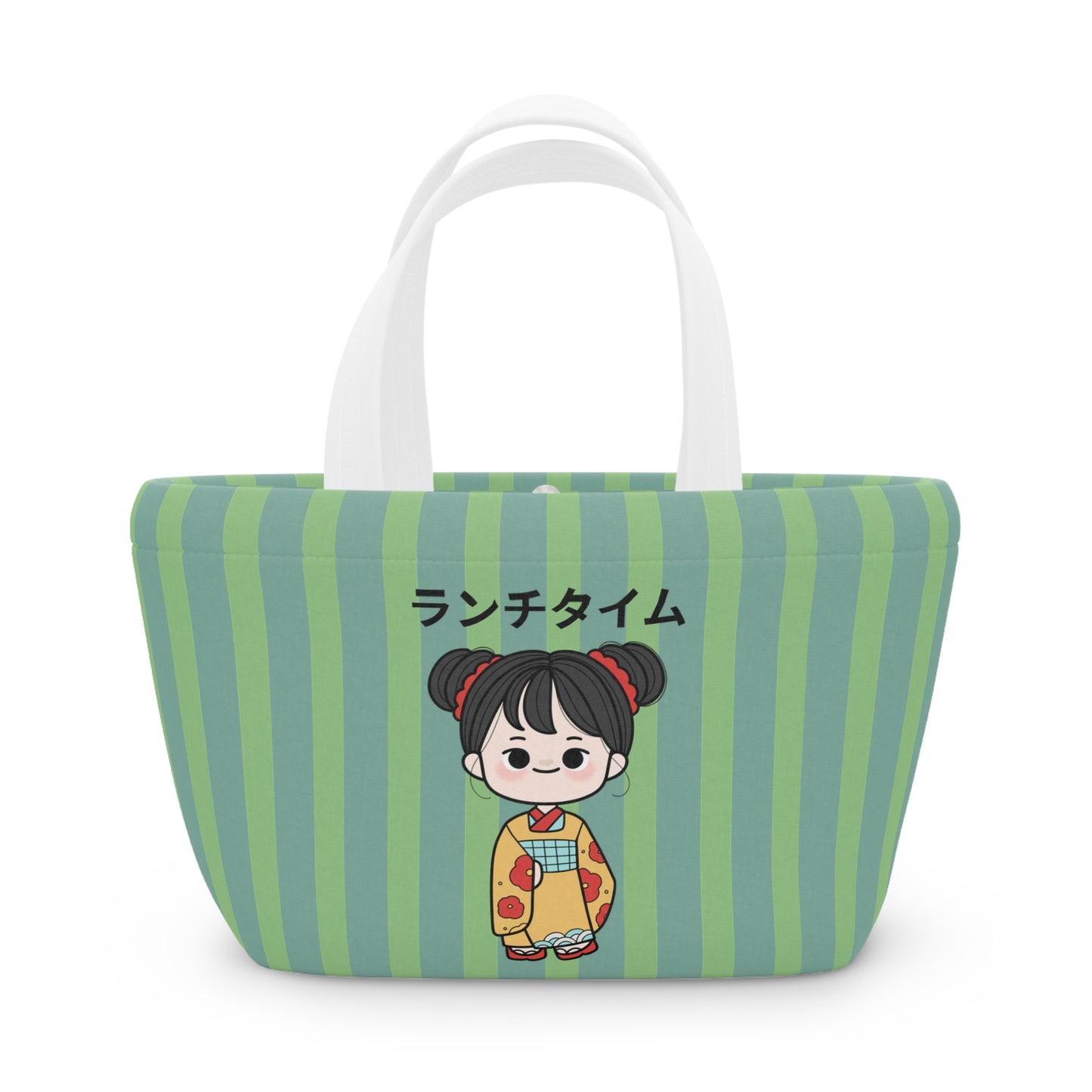 A green and light green striped canvas tote bag with white handles, featuring a cartoon girl in a yellow kimono and Japanese text 'スアーグリアス' printed on the front, set against a plain white background.