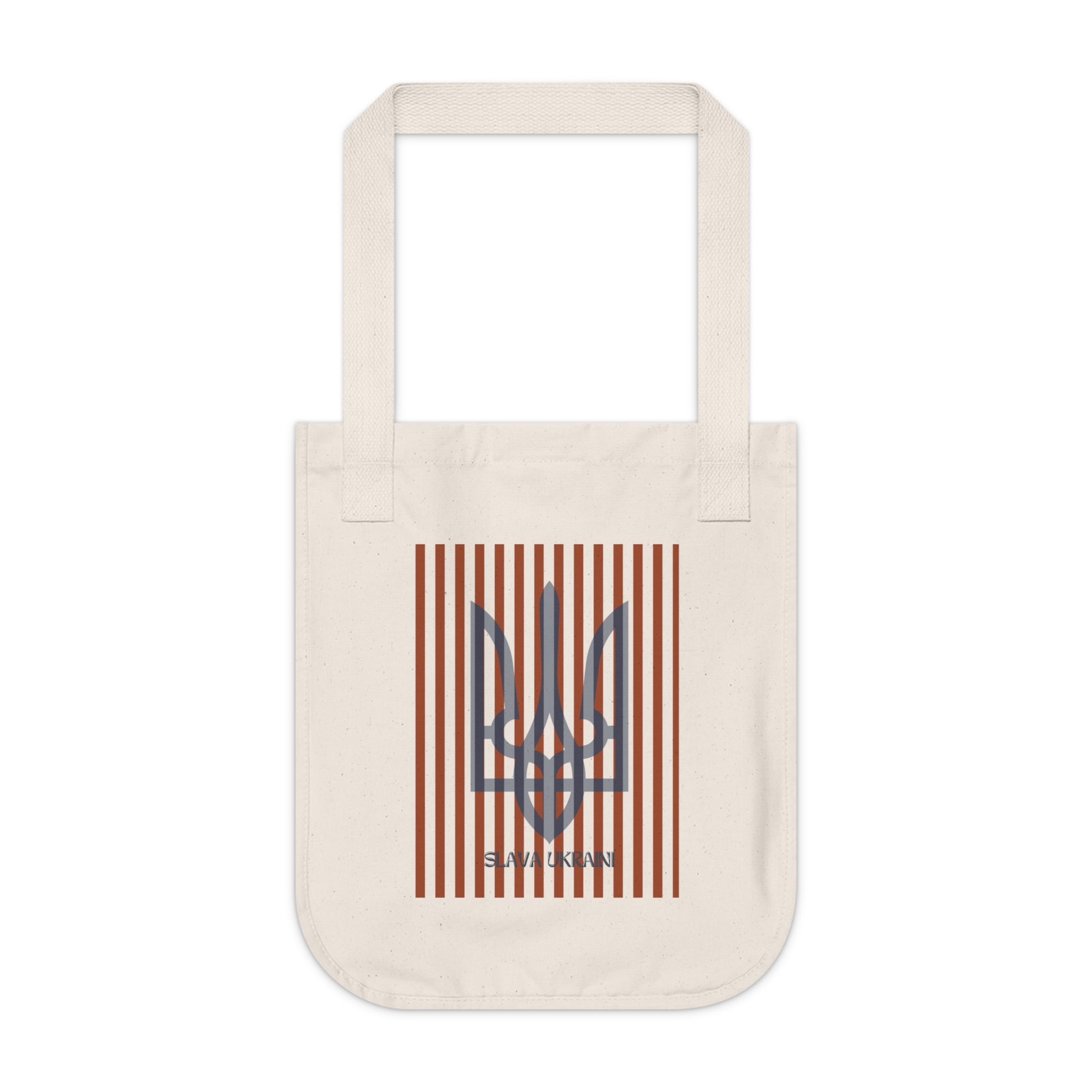 Beige tote bag with a Ukrainian emblem and Slava Ukraini on a white background