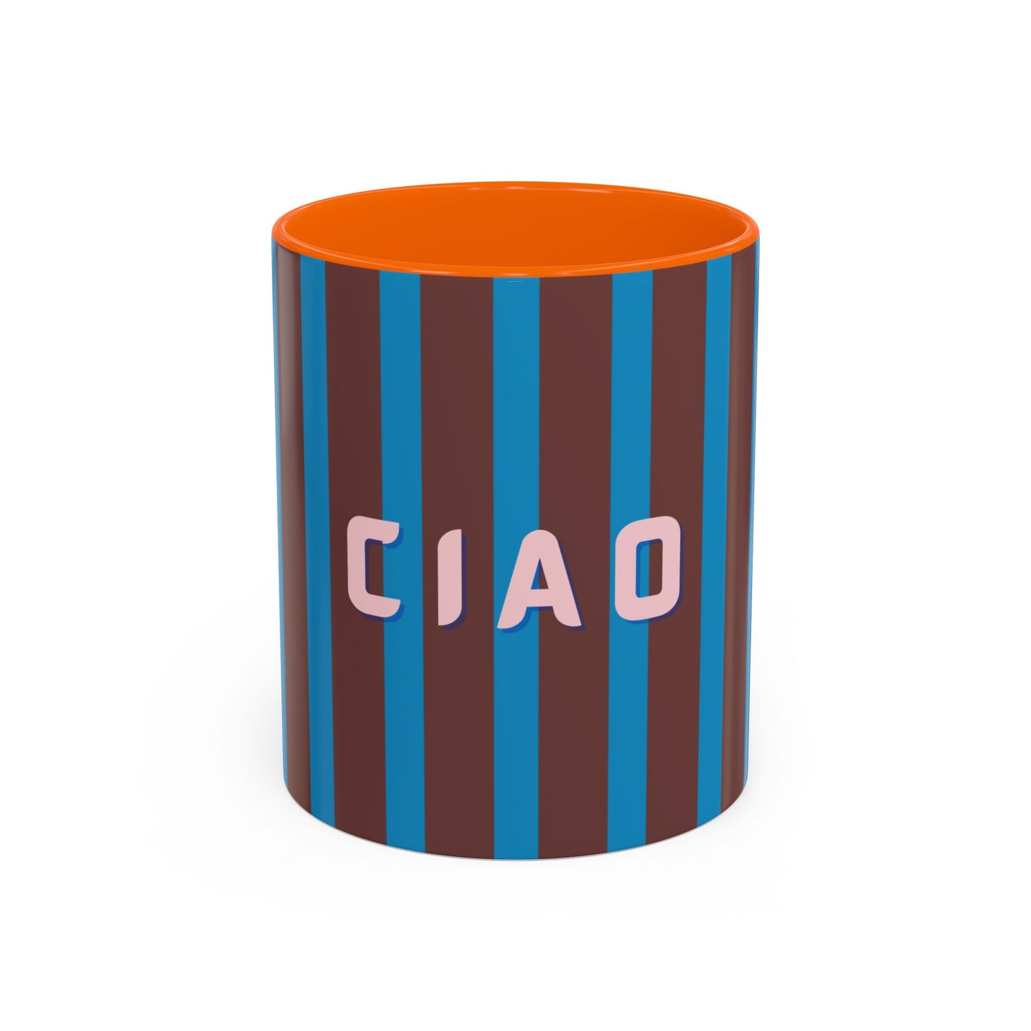 Cylindrical container with blue stripes and 'CIAO' text on a white background