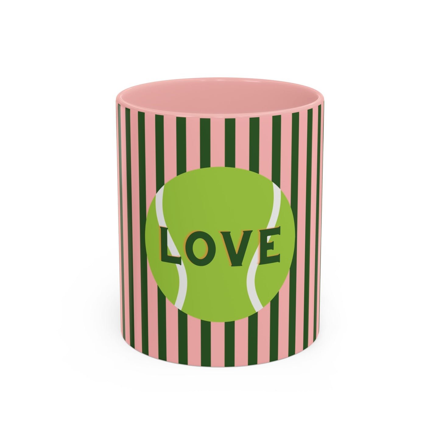 Ceramic mug with pink top and green and black striped sides, featuring a tennis ball design with 'LOVE' text.