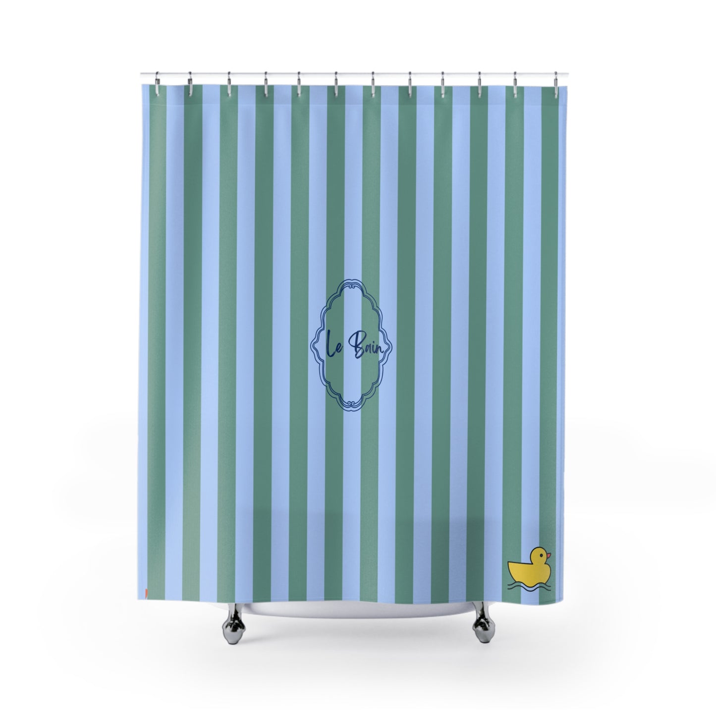 Shower curtain with blue and green striped pattern and 'Le Bain' logo on a white background