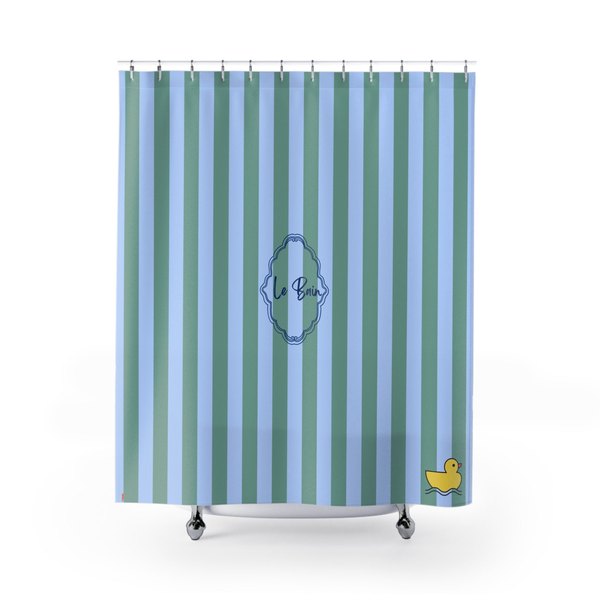 Shower curtain with blue and green striped pattern and 'Le Bain' logo on a white background