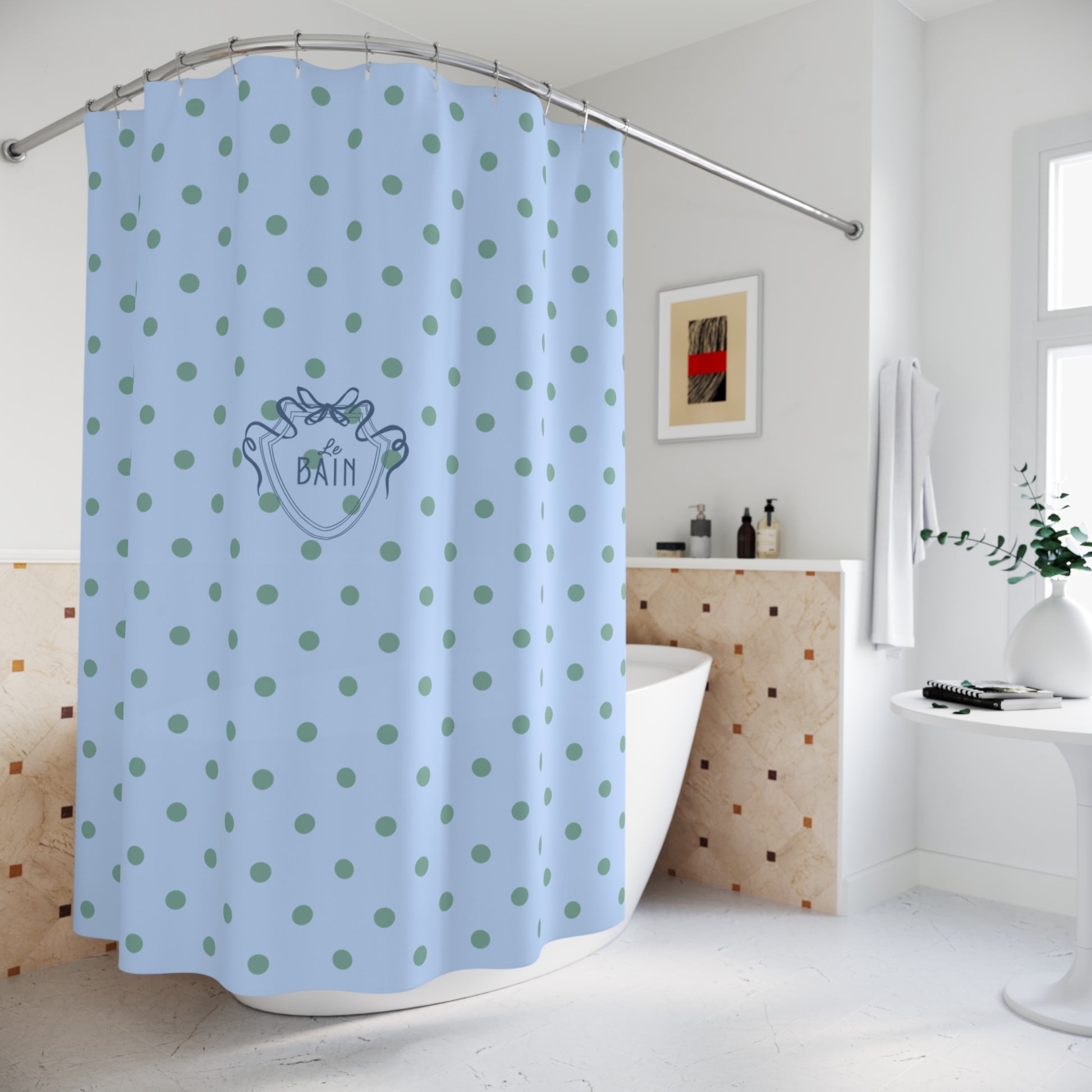 Blue shower curtain with green polka dots in a bathroom setting