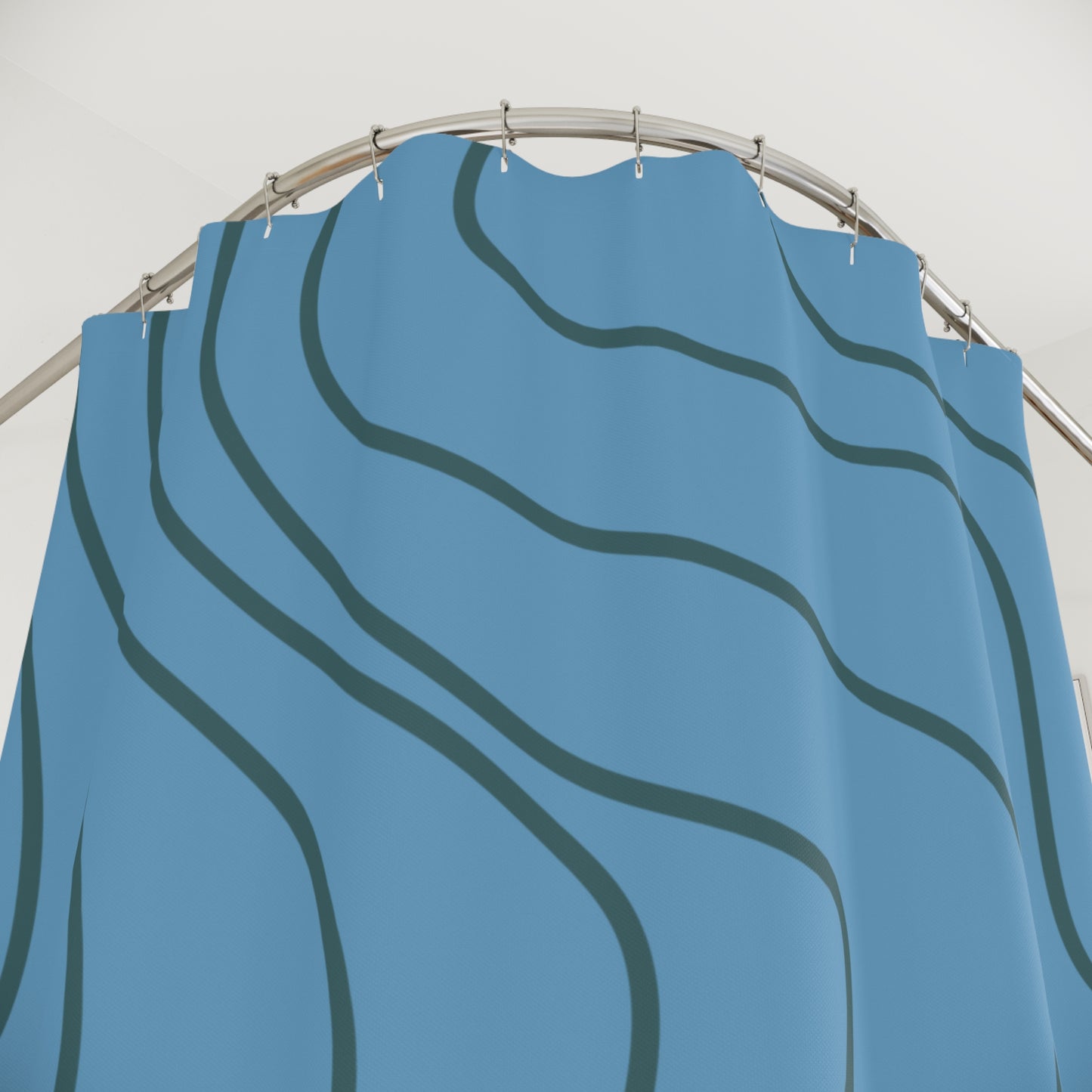 Azure Blue Abstract Wave Shower Curtain, Dark Bathroom Decor
