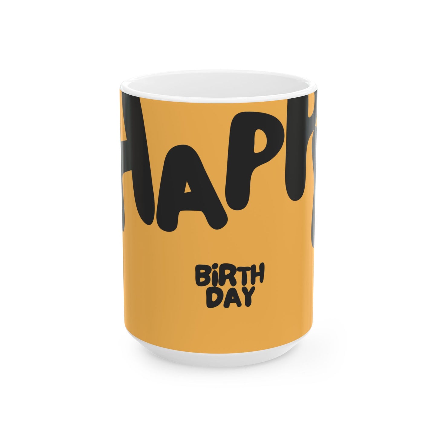 Mug with 'Happy Birthday' text on a mustard yellow background