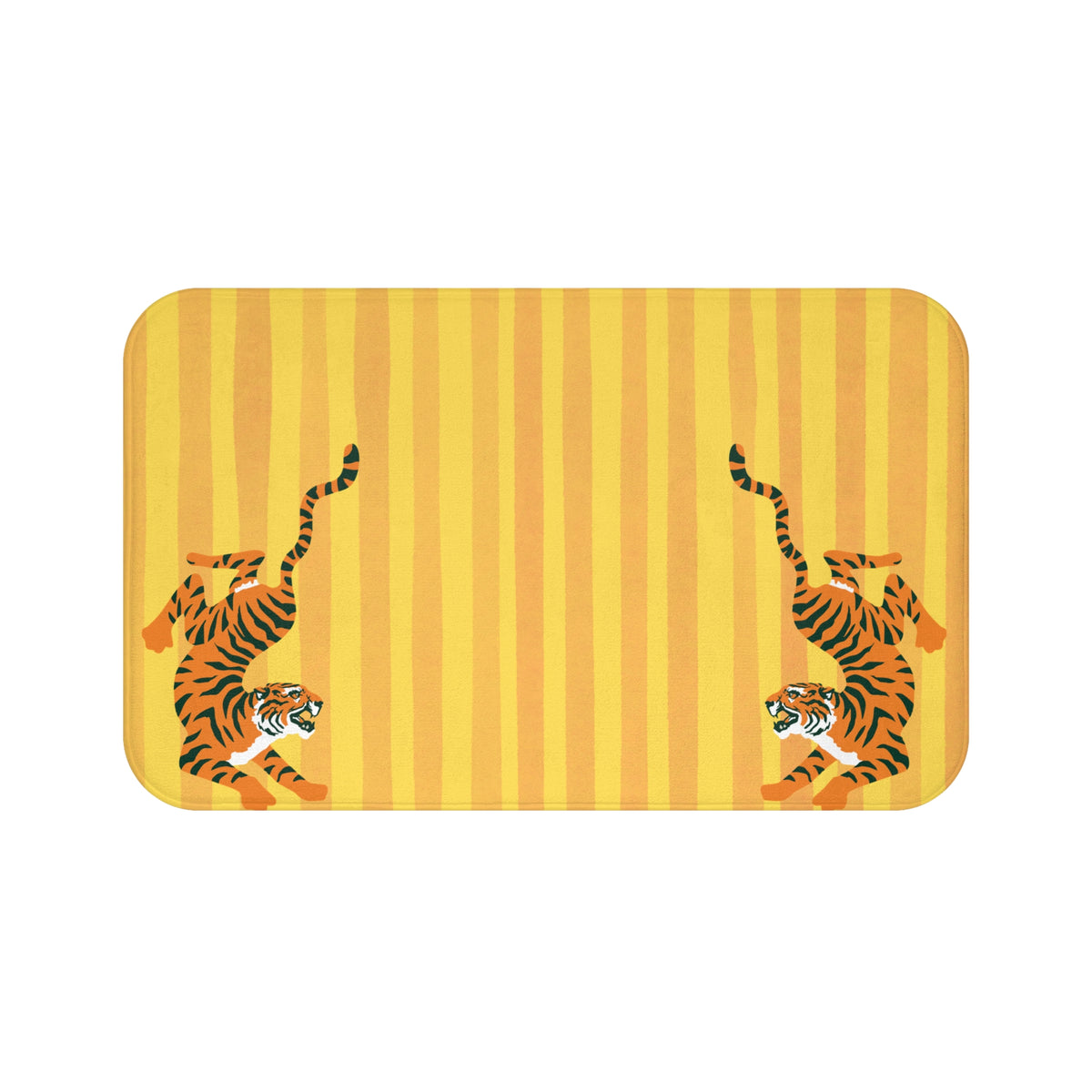 A rectangular mat with rounded corners featuring a yellow and orange striped background and two cartoon tigers on each side, shown on a plain white background.