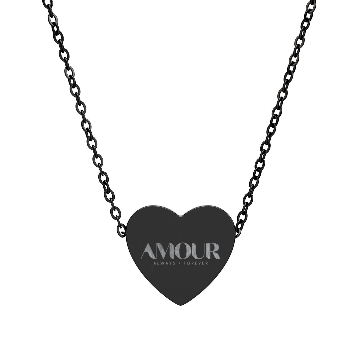 Black heart-shaped pendant necklace with 'AMOUR' engraving on a white background