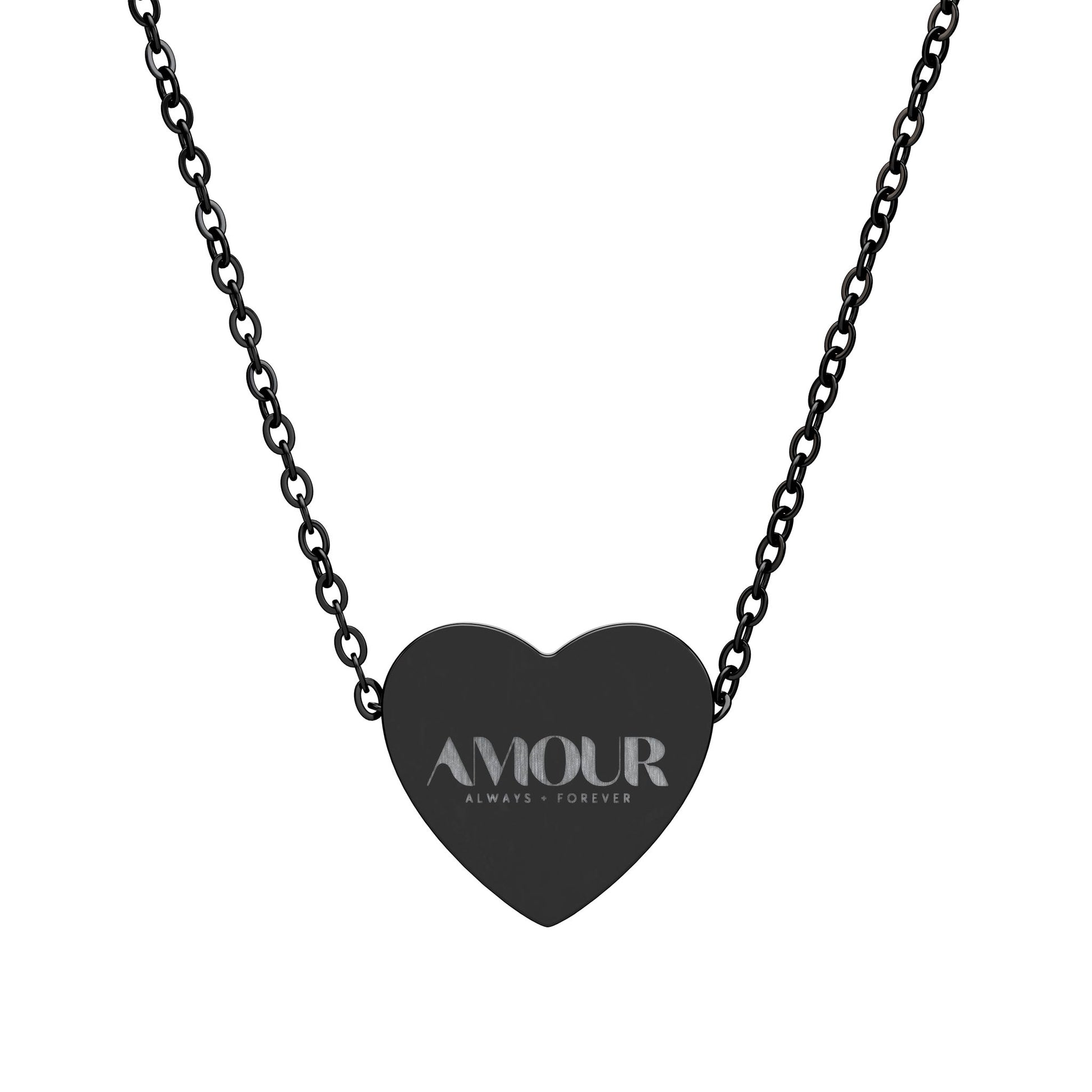Black heart-shaped pendant necklace with 'AMOUR' engraving on a white background