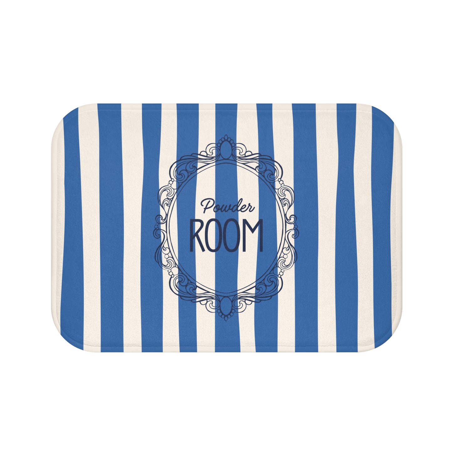 Rectangular blue and white striped sign with 'Powder Room' text and decorative frame on a white background