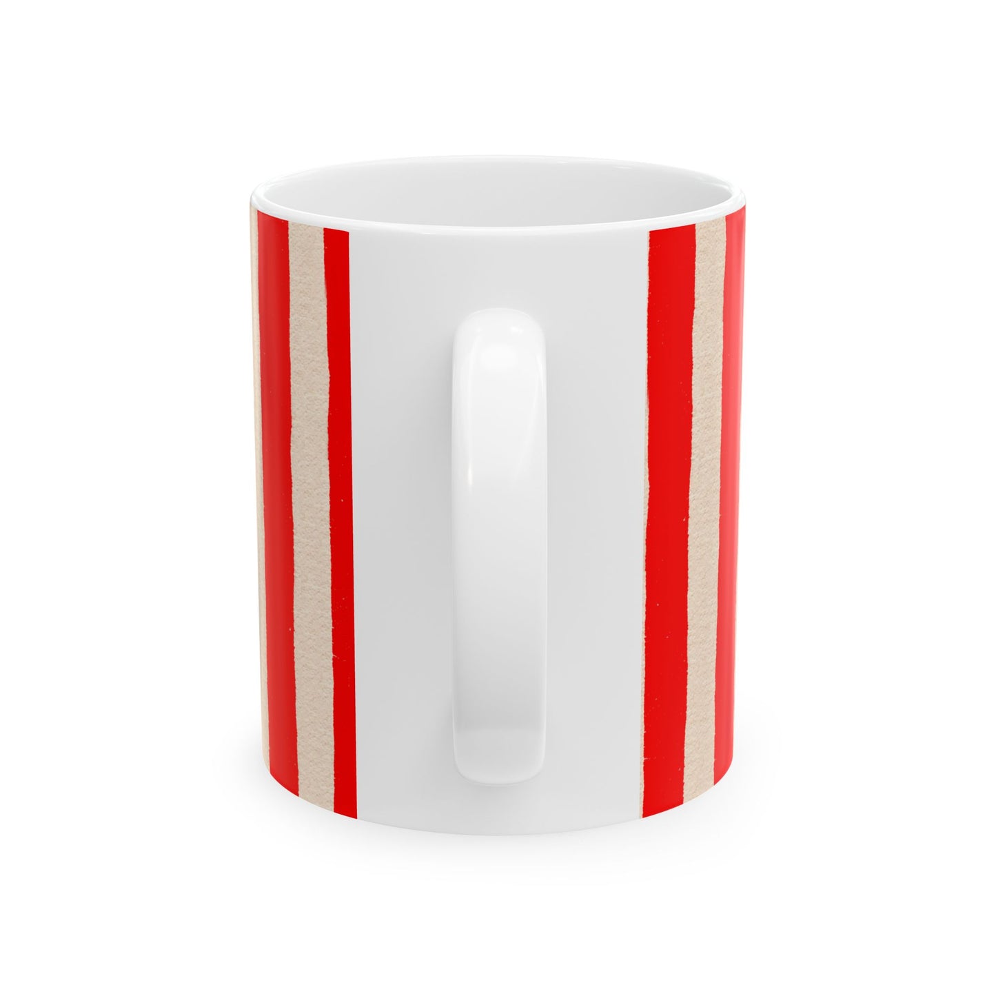 White mug with red and beige stripes on a white background