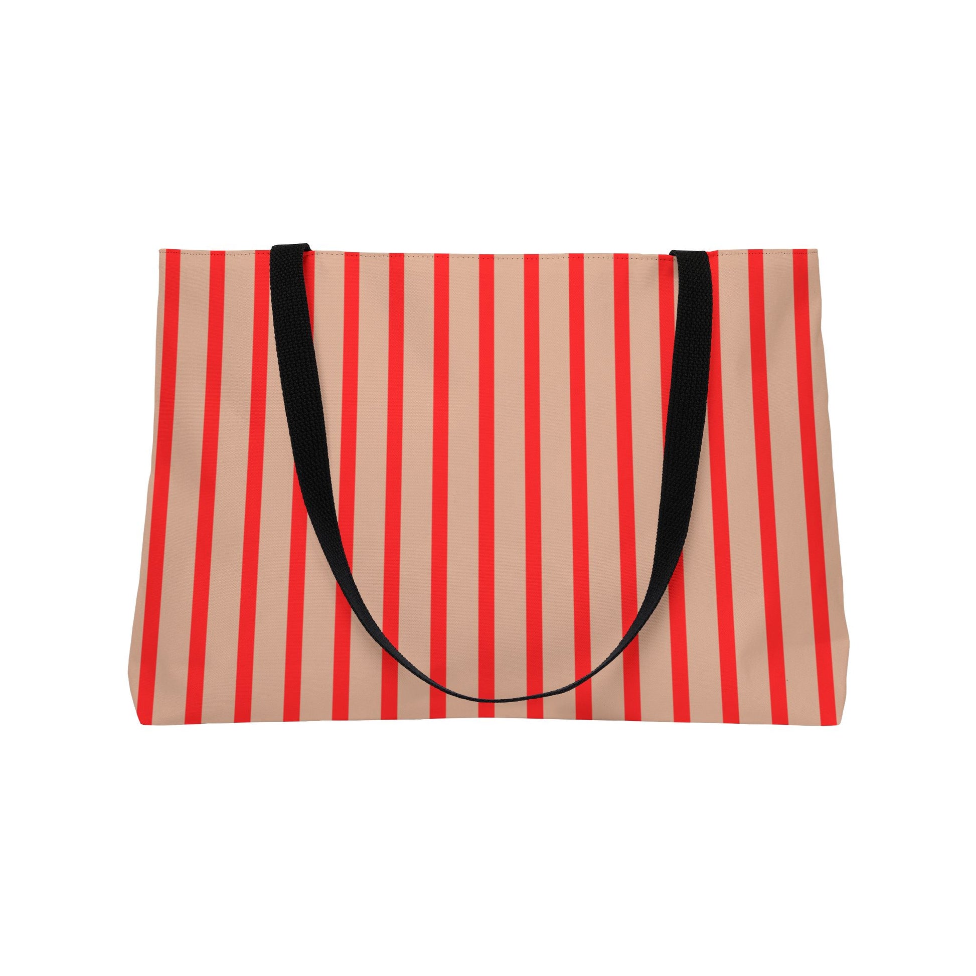 Striped bag with red and beige pattern and black handles on a white background