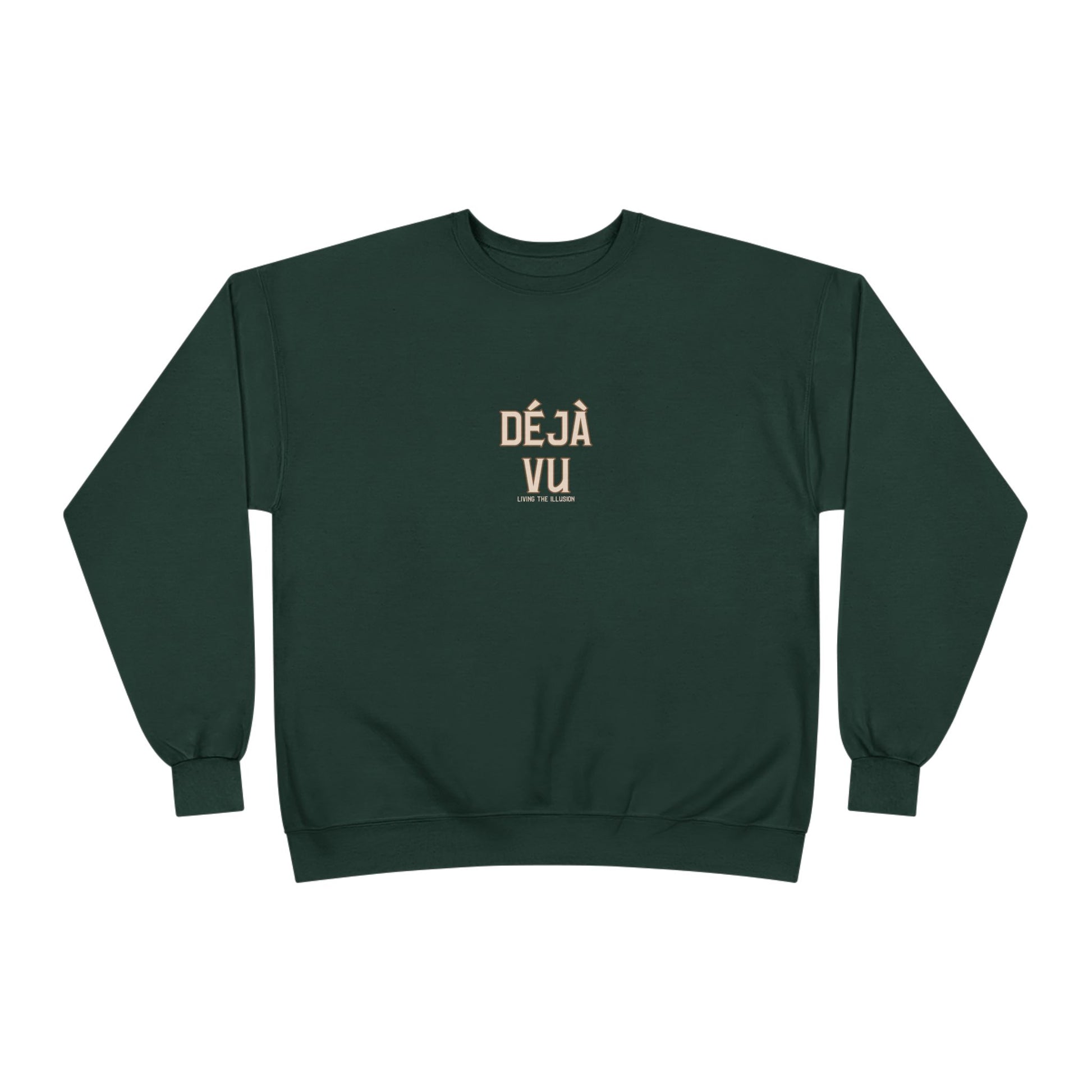 Green sweatshirt with 'Déj  Vu' text on a white background