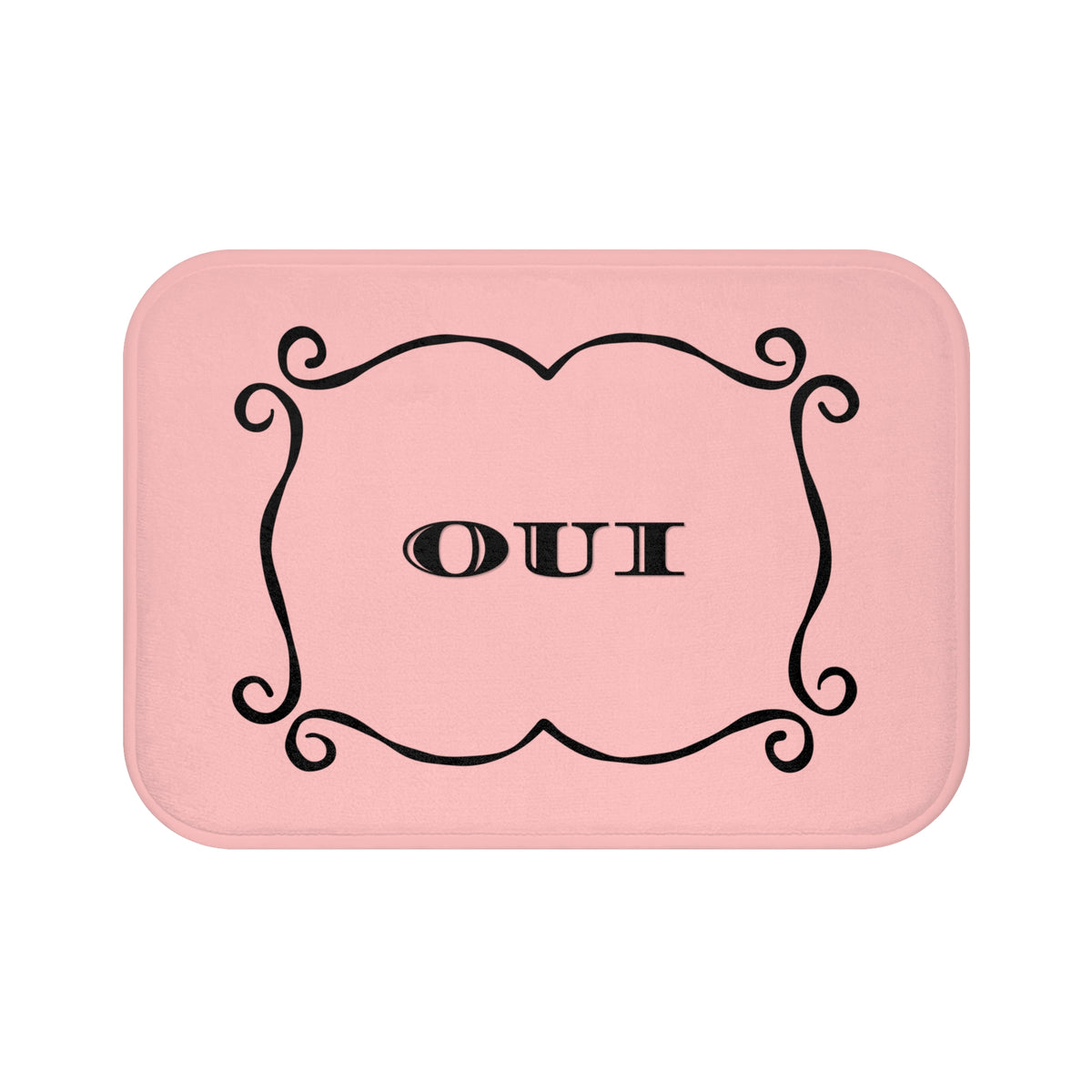 A pink rectangular mat with rounded corners, featuring a black ornamental frame and the word 'OUI' in the center, shown on a plain white background.