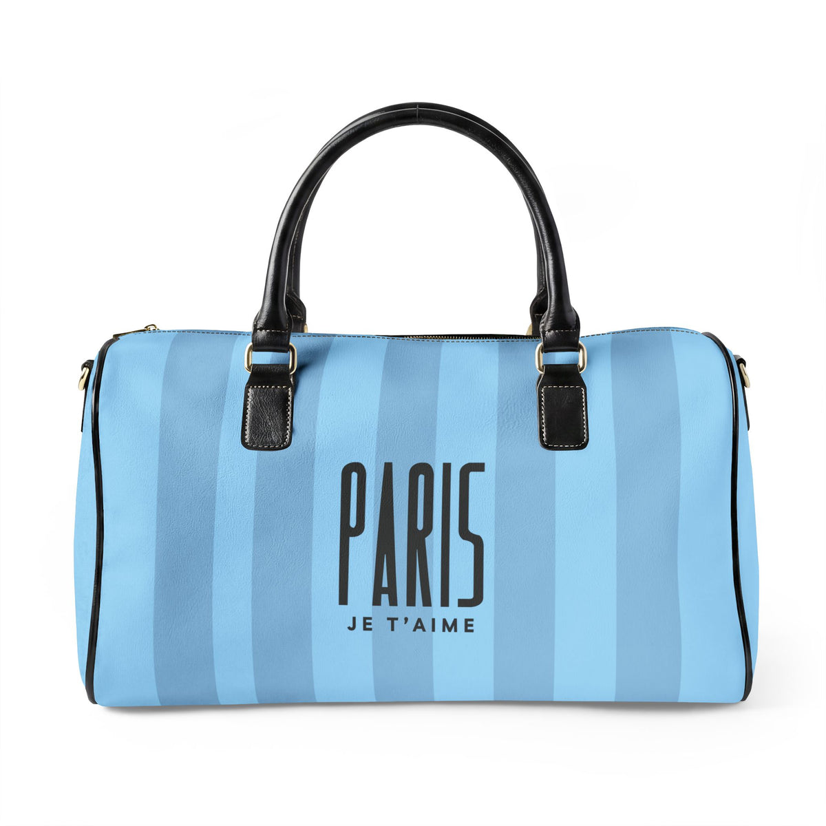 A light blue and medium blue vertically striped duffle bag with black handles and trim, featuring the text 'PARIS JET'AIME' printed on the front.