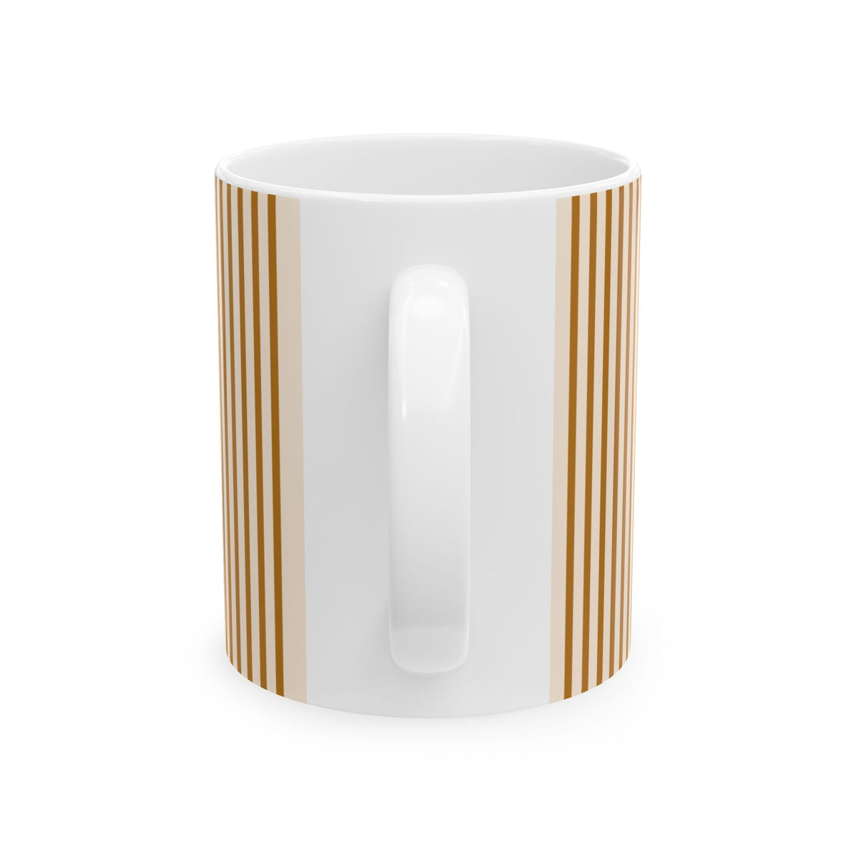 A white ceramic mug with a vertical striped pattern in warm brown and beige tones on the sides, shown against a plain white background.