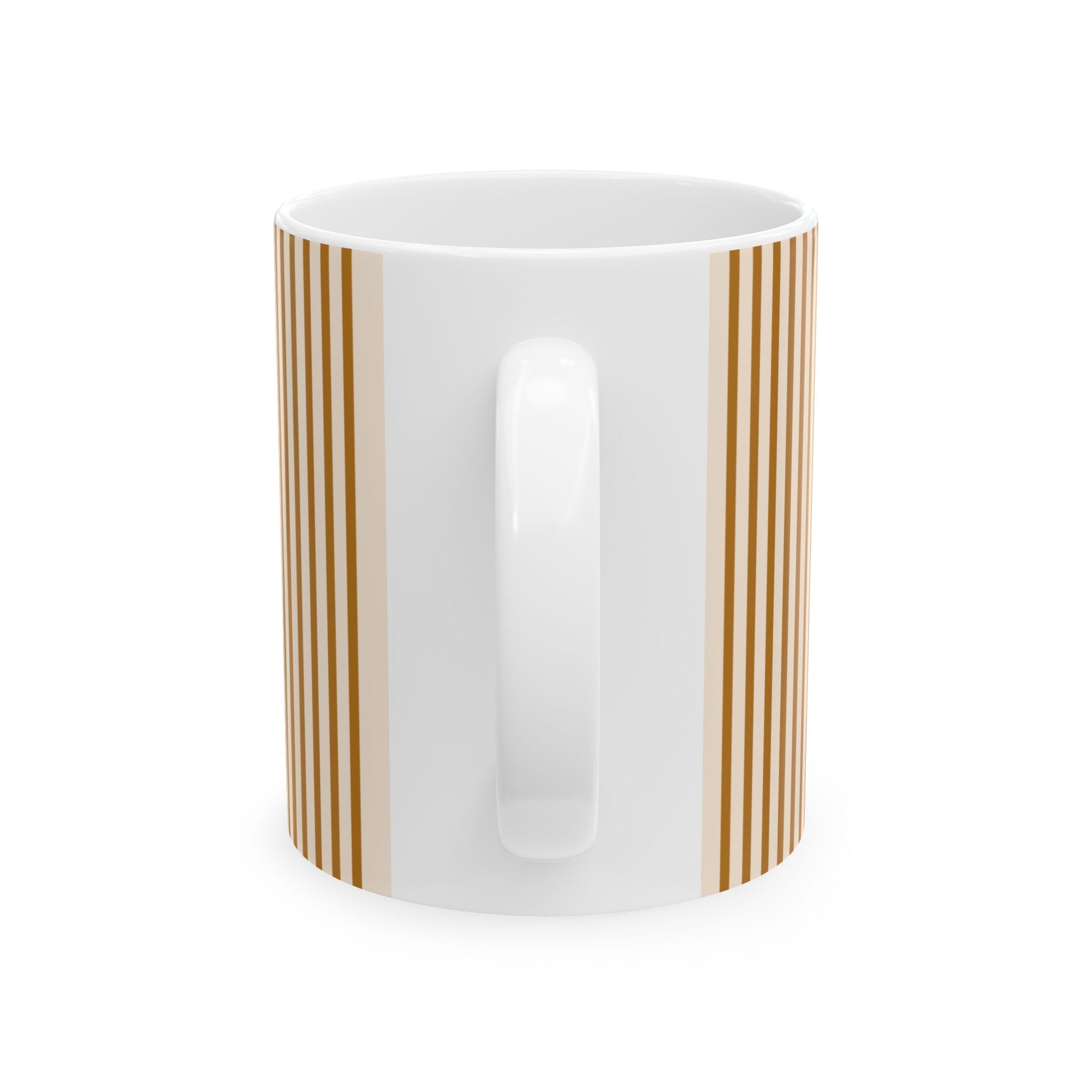 A white ceramic mug with a vertical striped pattern in warm brown and beige tones on the sides, shown against a plain white background.