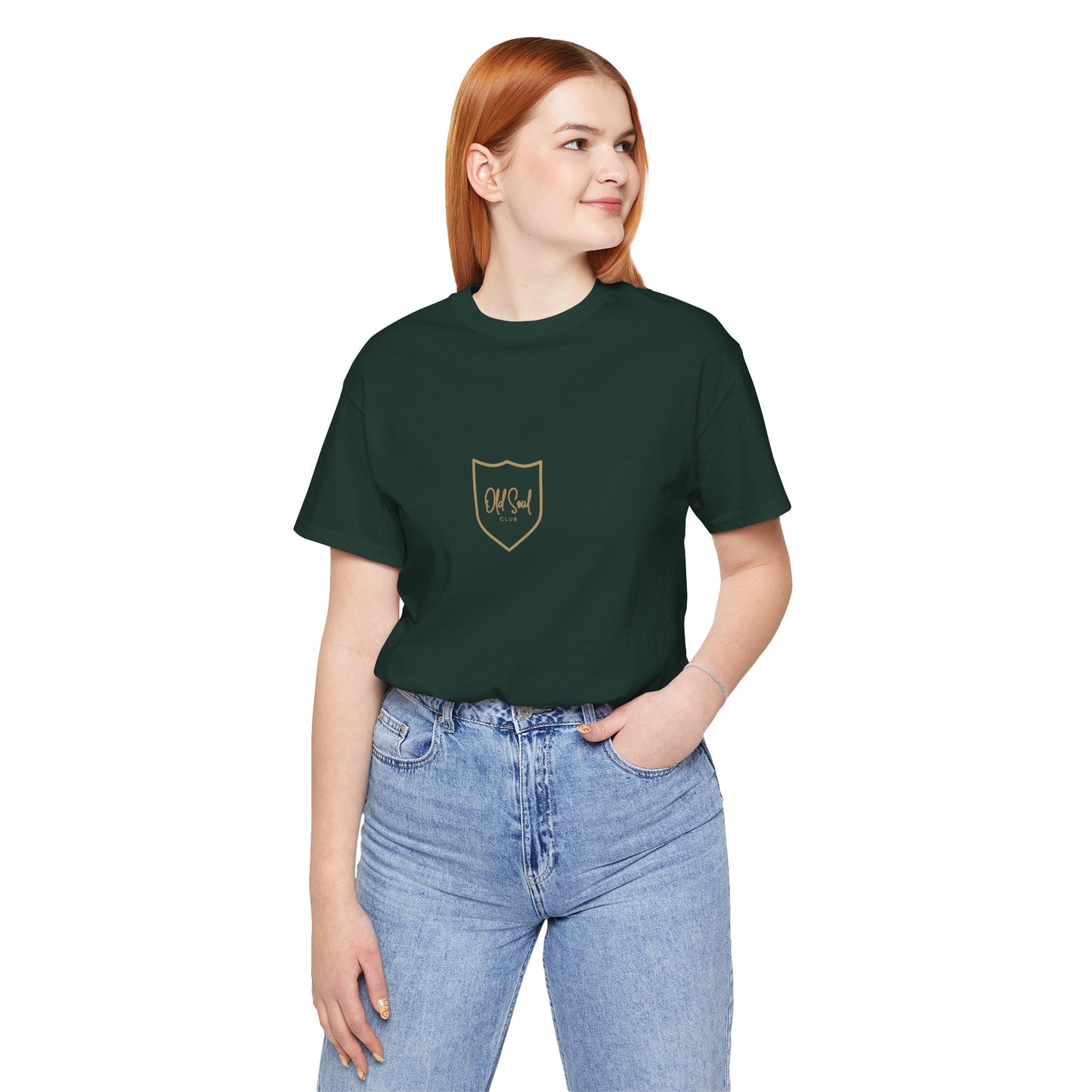 Person wearing a dark green t-shirt with an Old Soul logo on a white background