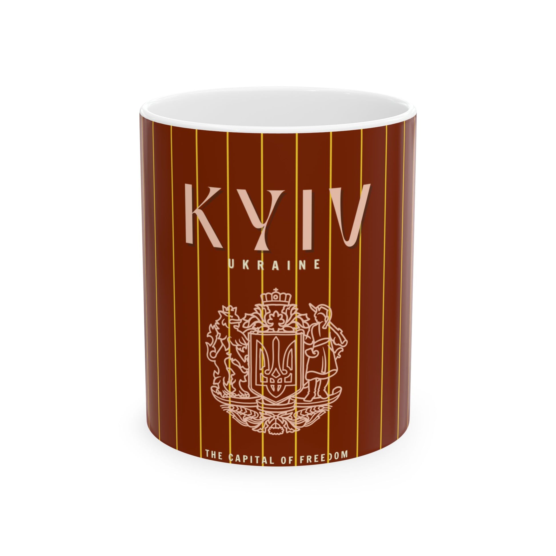 Mug with 'KYIV' and coat of arms design on a brown striped background