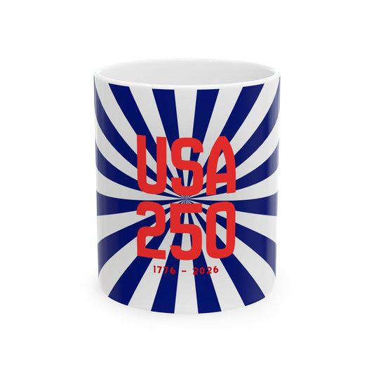 USA 250 Ceramic Mug — Red & Blue Patriotic Coffee Cup