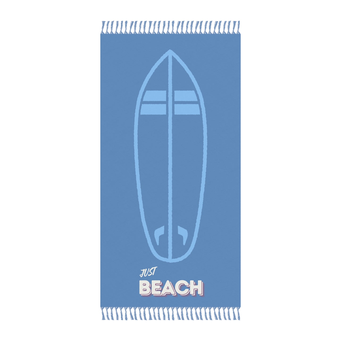 Blue beach towel with a surfboard design and 'Just Beach' text on a white background
