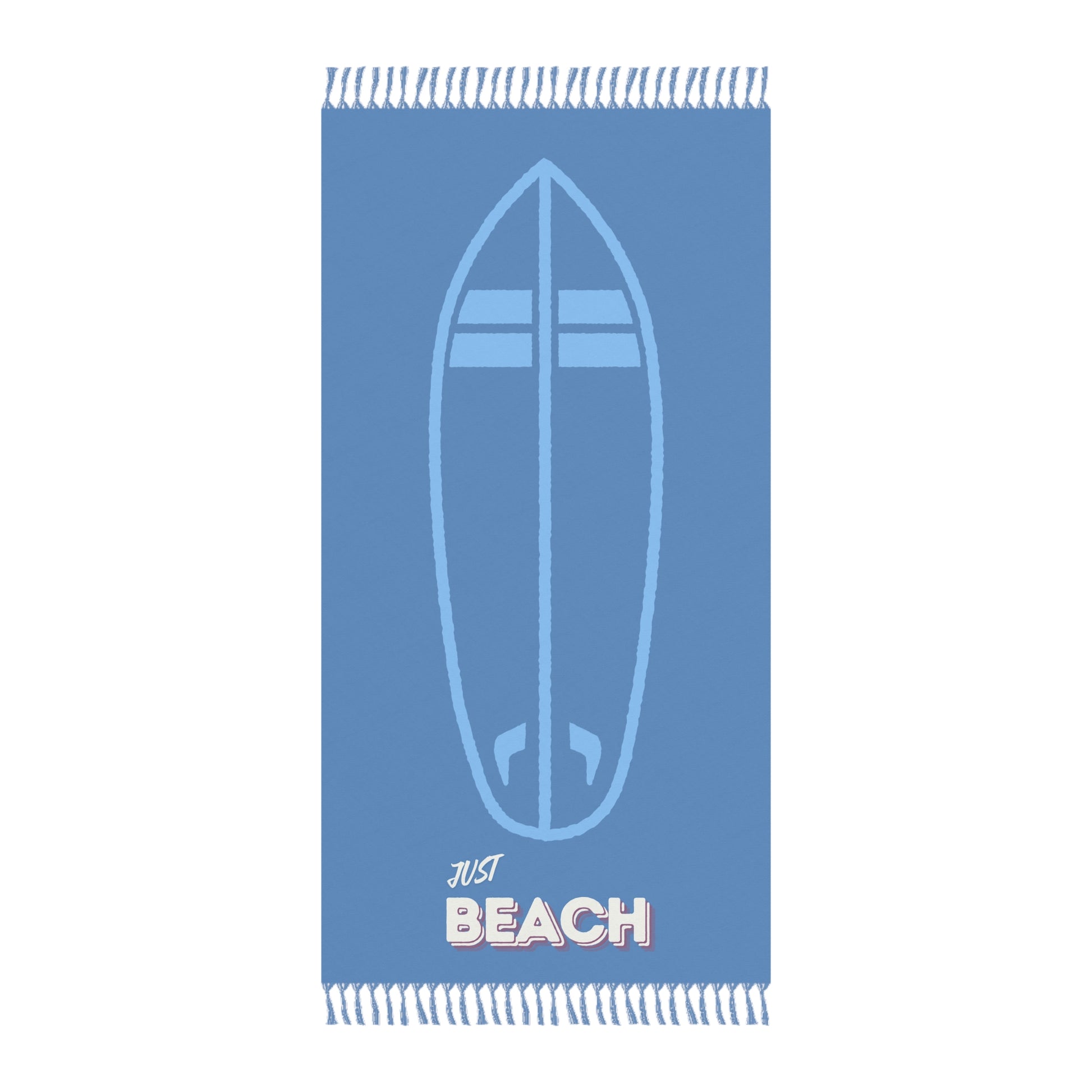 Blue beach towel with a surfboard design and 'Just Beach' text on a white background