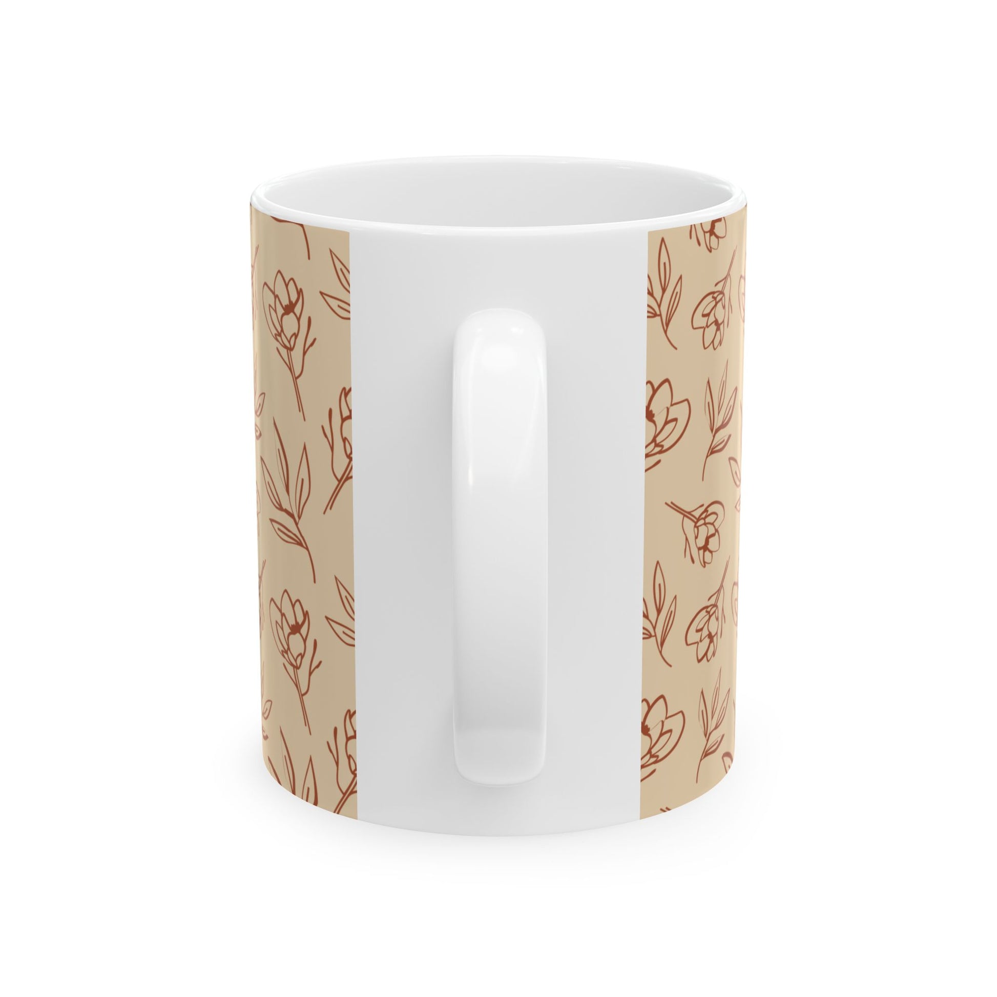White mug with floral pattern on a beige background