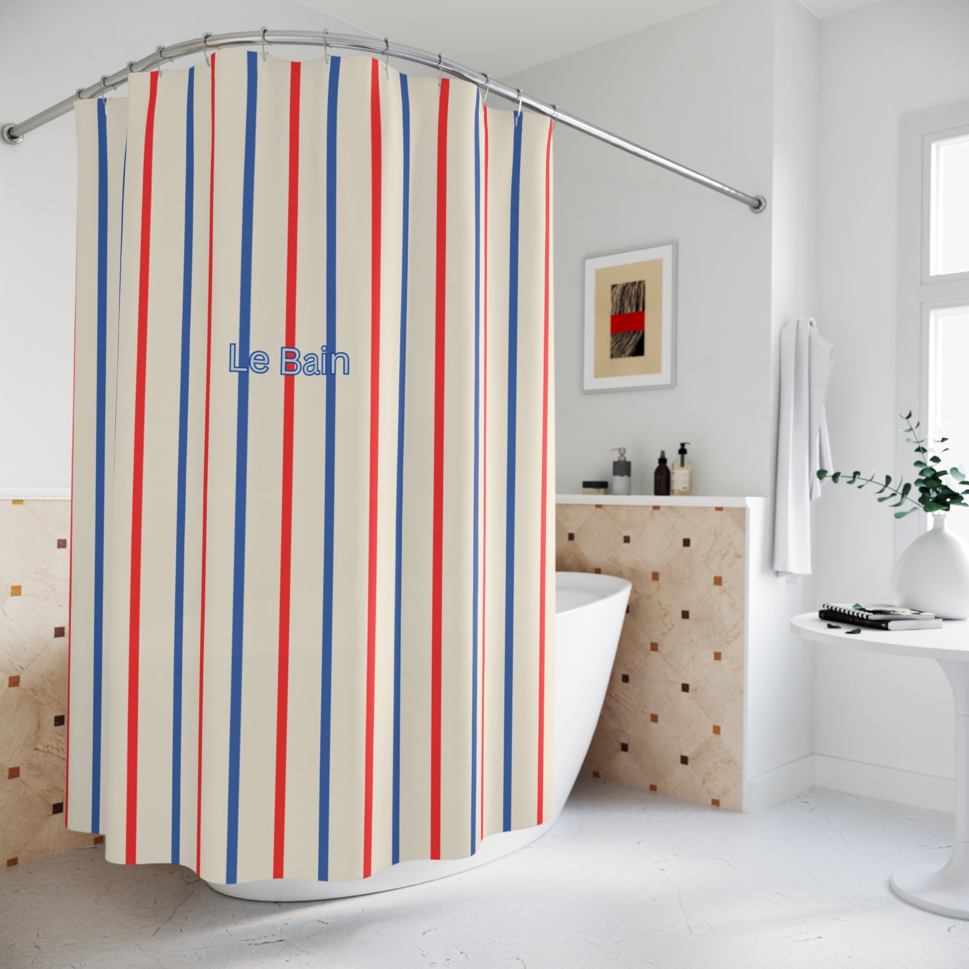 Striped shower curtain with 'Le Bain' branding in a bathroom setting