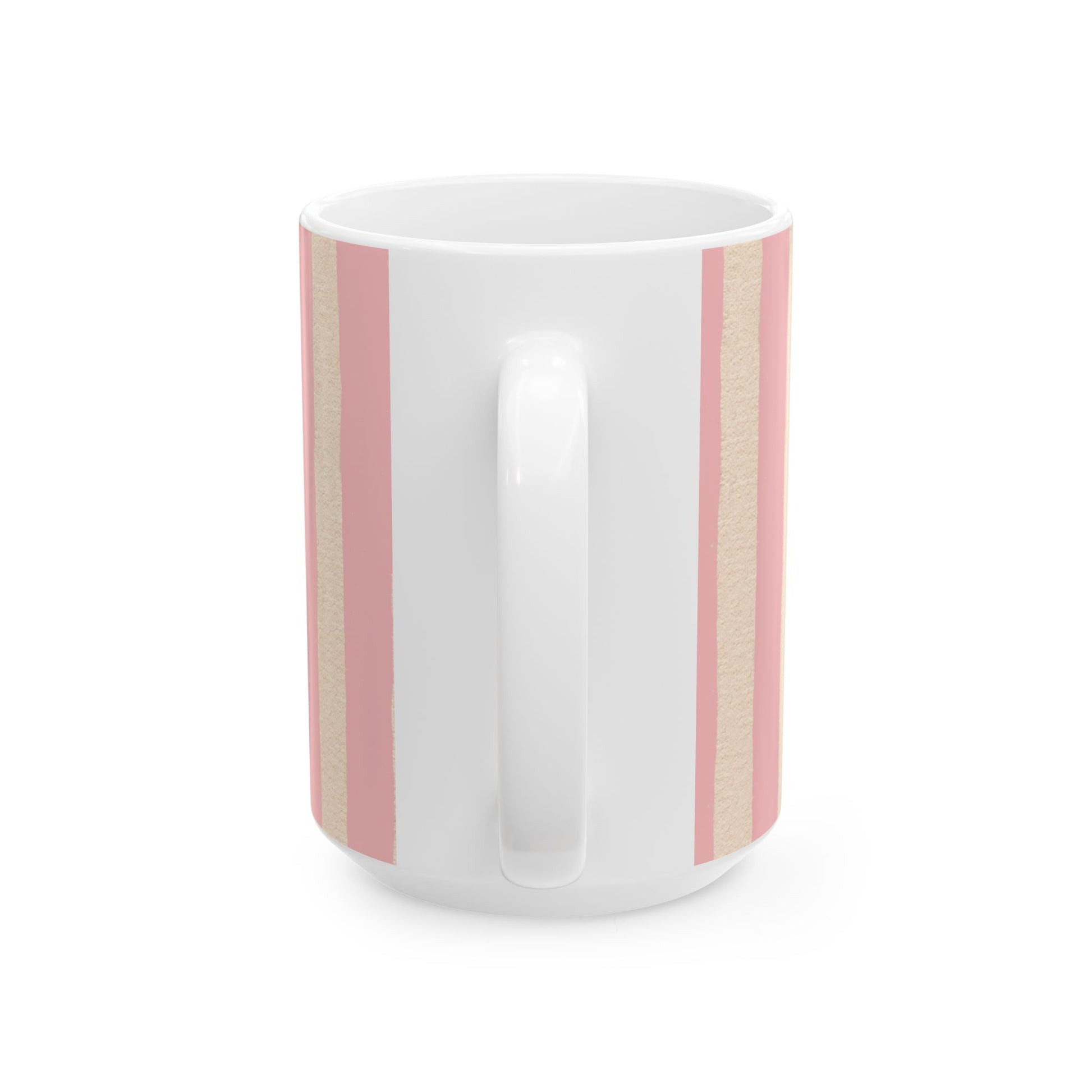 White mug with pink stripes on a white background