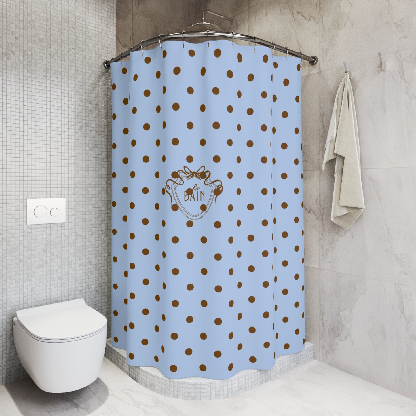 Polka Dot 'Le Bain' Shower Curtain – Pastel Blue & Brown Bathroom Decor