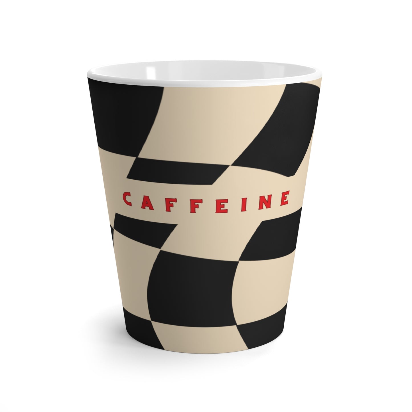 Caffeine Checkerboard Latte Mug – Retro Black & Cream Coffee Cup