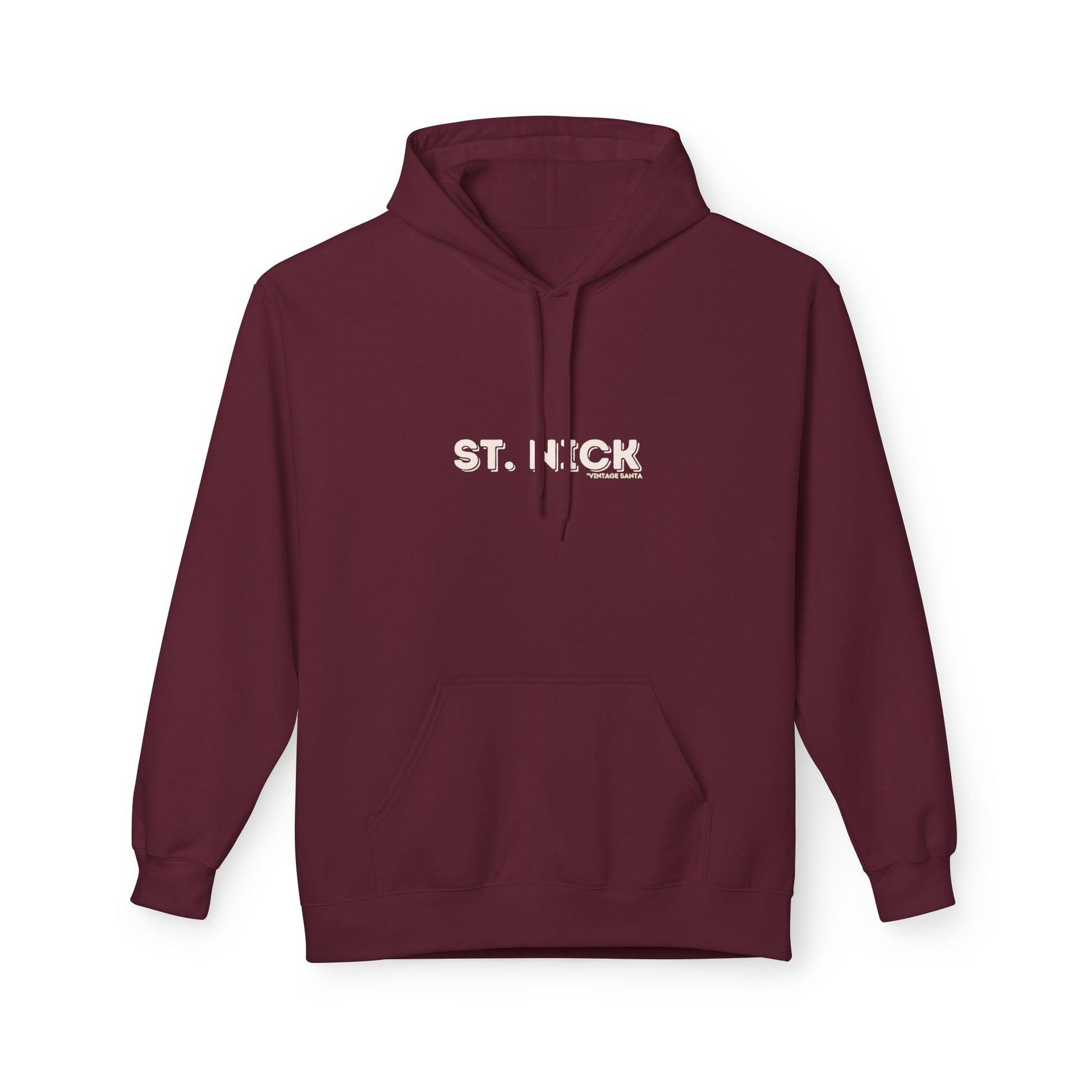 Maroon hoodie with 'ST. Nick ' text on a white background