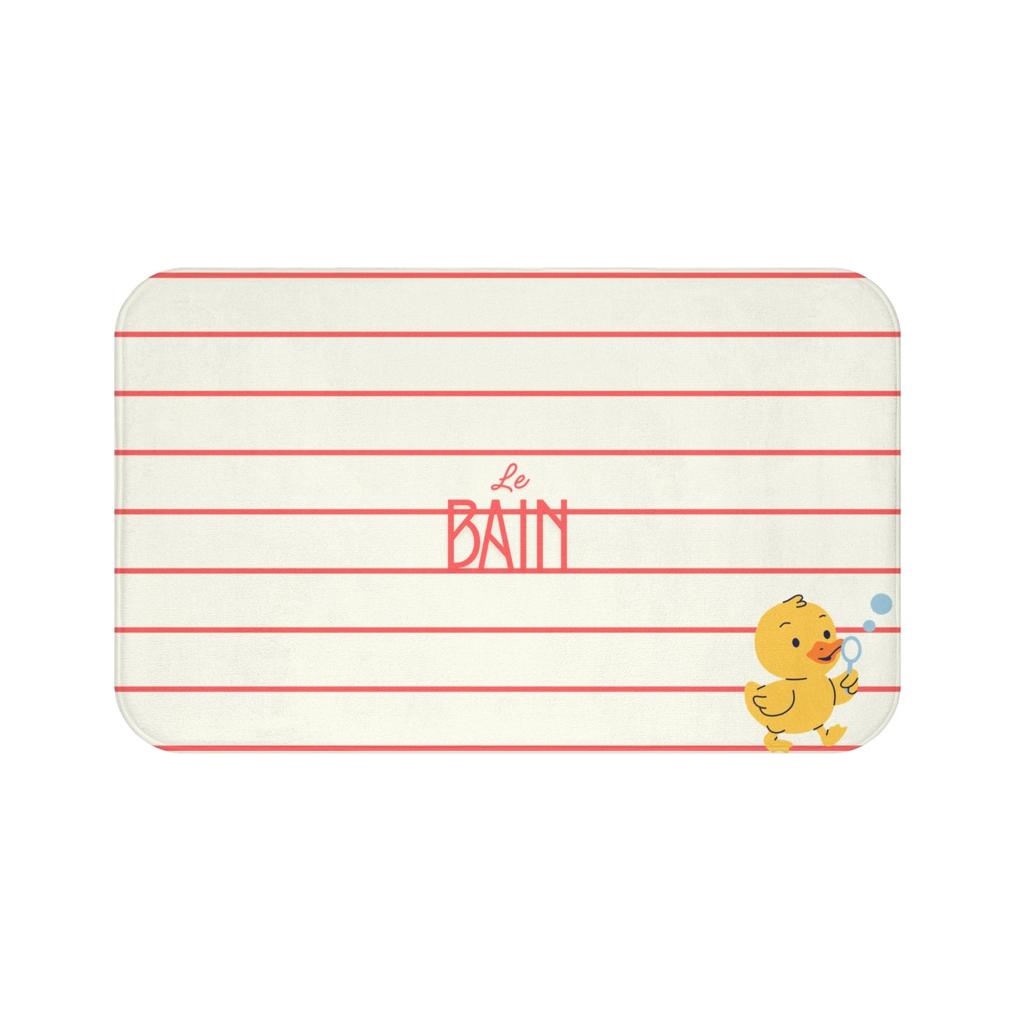 A rectangular baby bath mat with rounded corners, featuring a cream background with thin red horizontal lines, the French word 'Le BAIN' in coral-red text in the center, and a small yellow cartoon duck in the bottom right corner.