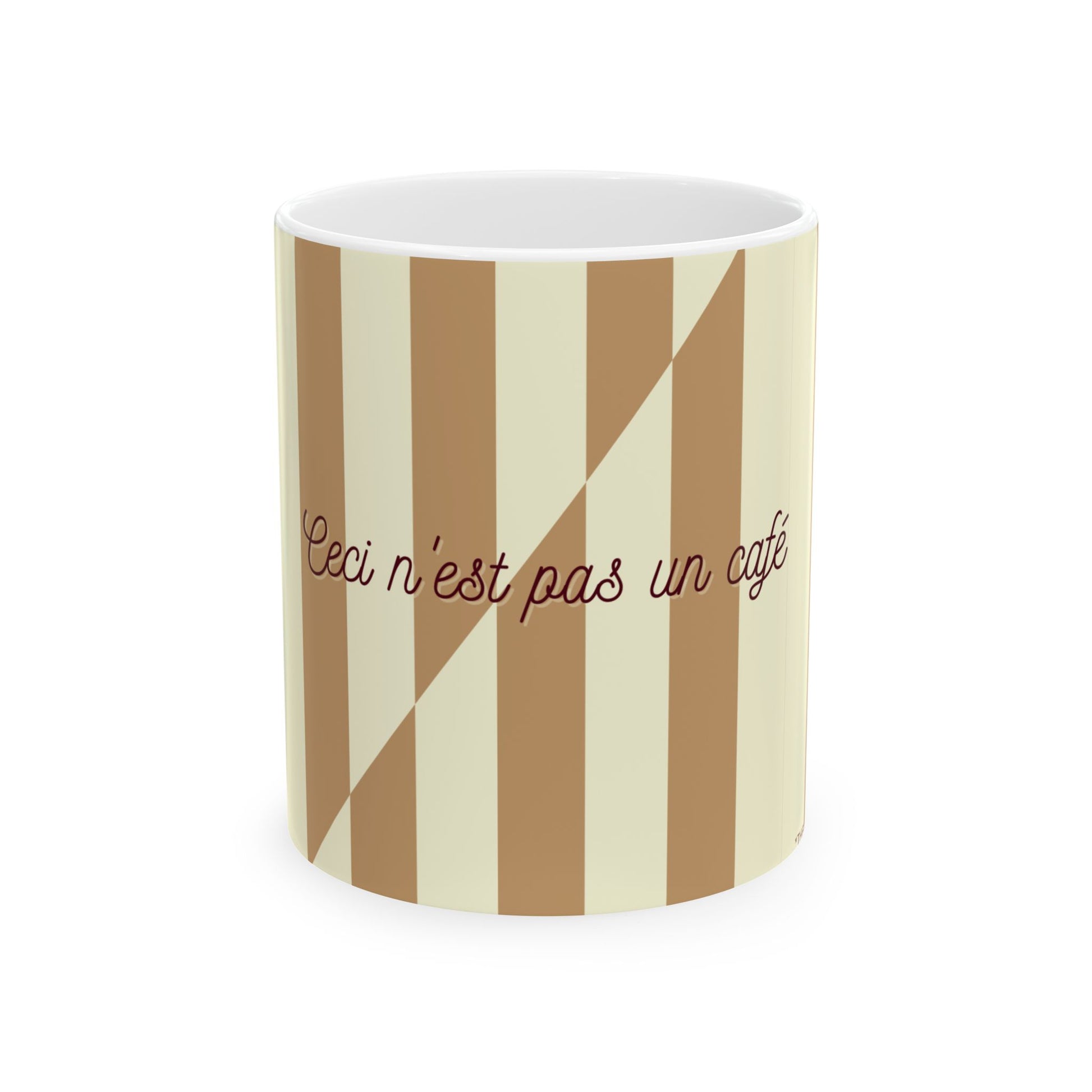 Mug with brown and beige striped pattern and text on a white background