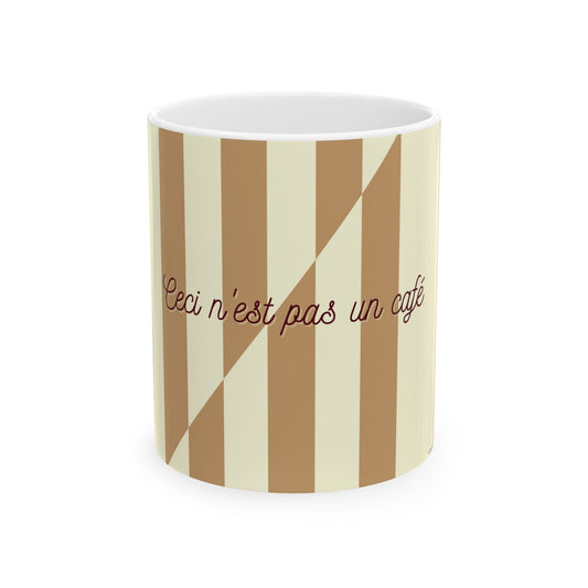 Mug with brown and beige striped pattern and text on a white background
